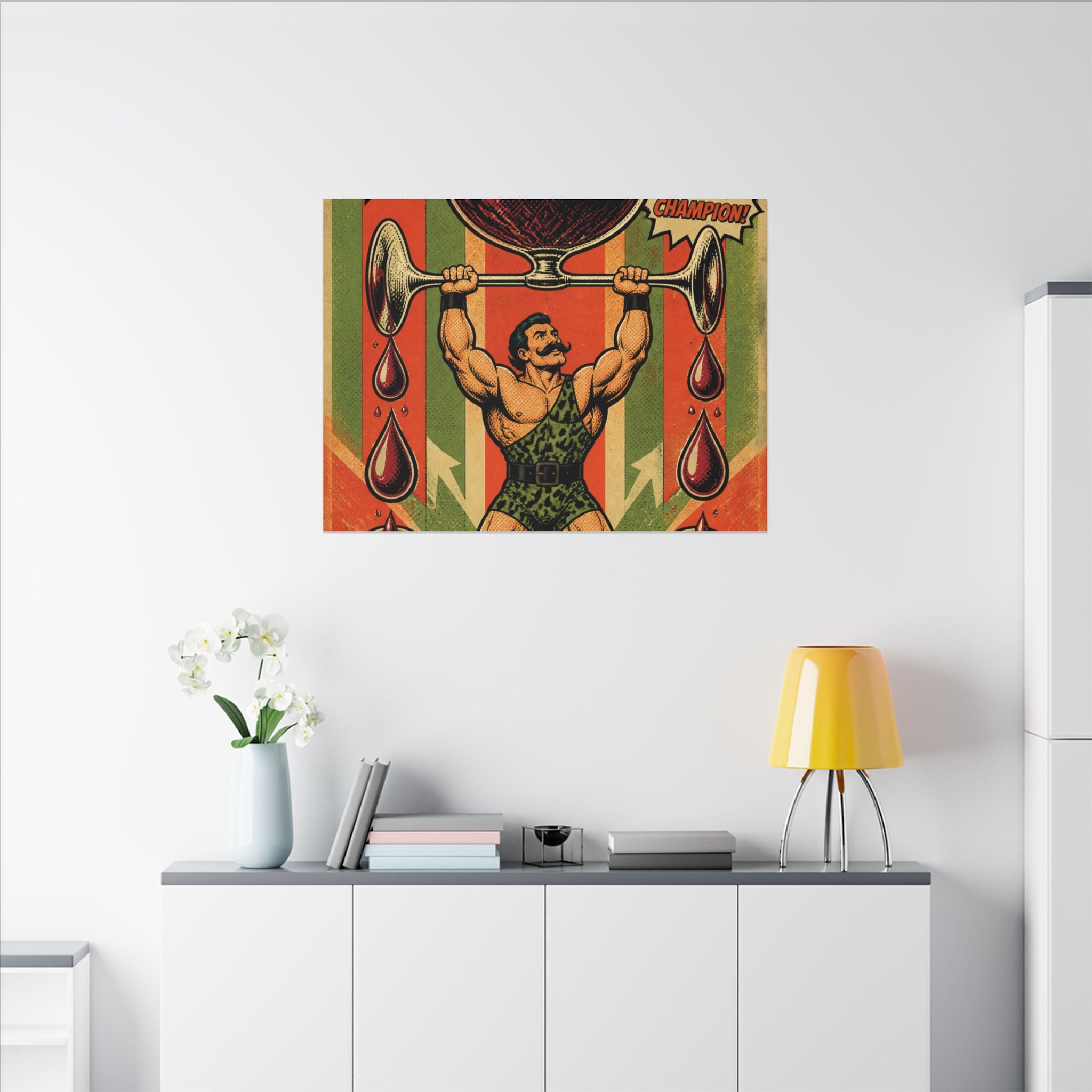 Wine Glass Strongman Wall Art Canvas 24×36 Pop Art Restaurant Decor Maximalist Print