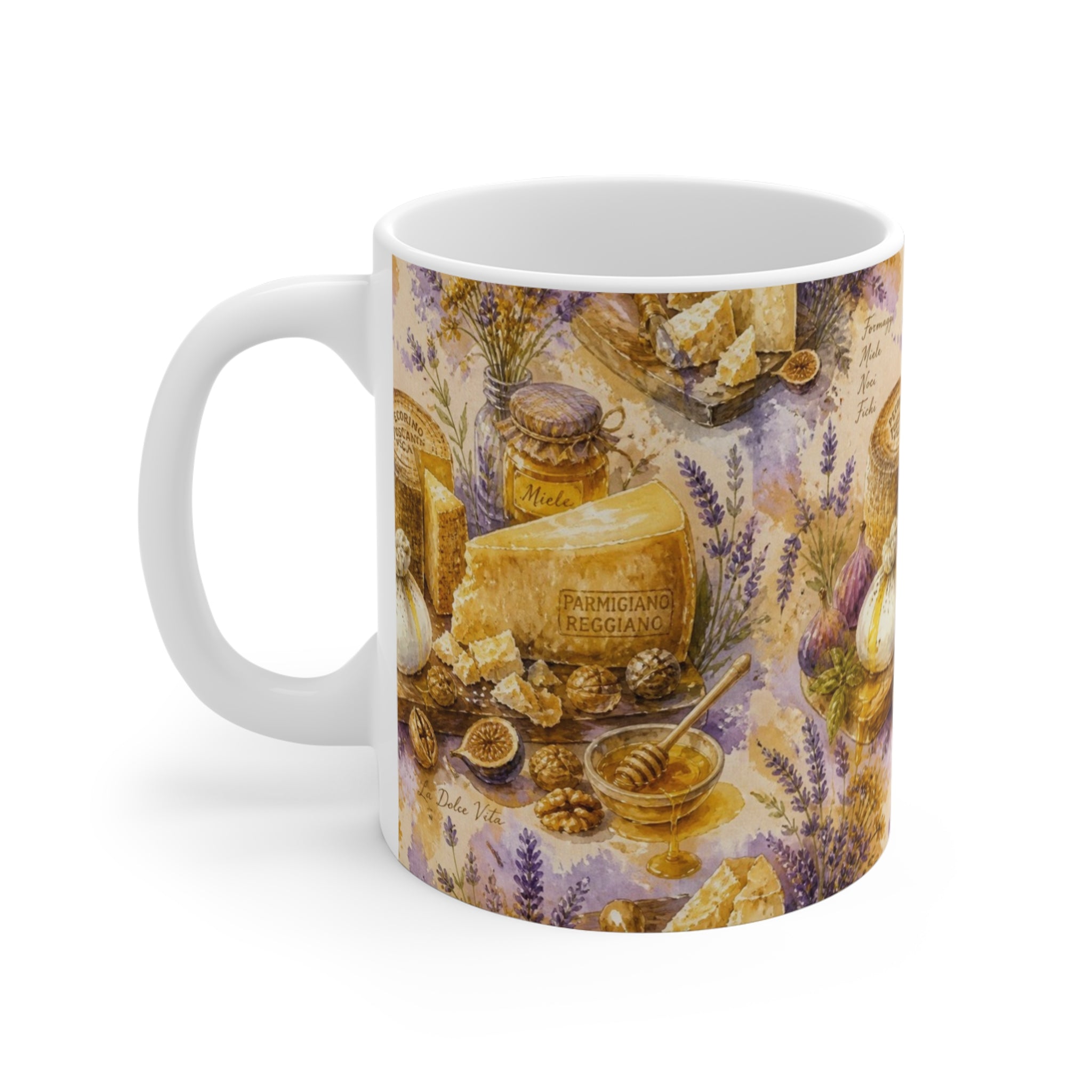 Italian Cheese Board 11oz Ceramic Mug Mediterranean Kitchen Watercolor Splash Design Italian Cottagecore Gift