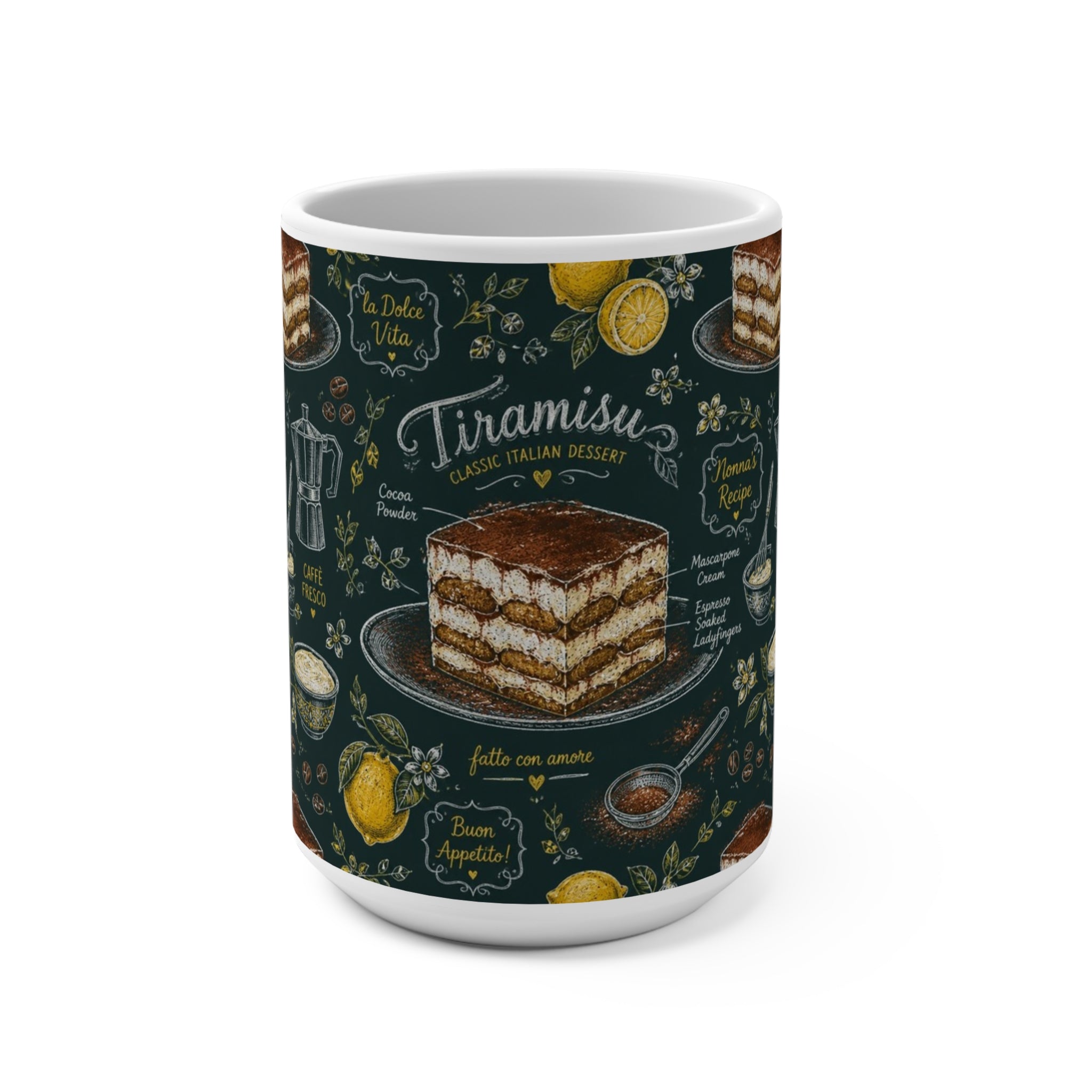 Tiramisu Layers 15oz Ceramic Mug Mediterranean Kitchen Chalk Art Design Italian Cottagecore Gift
