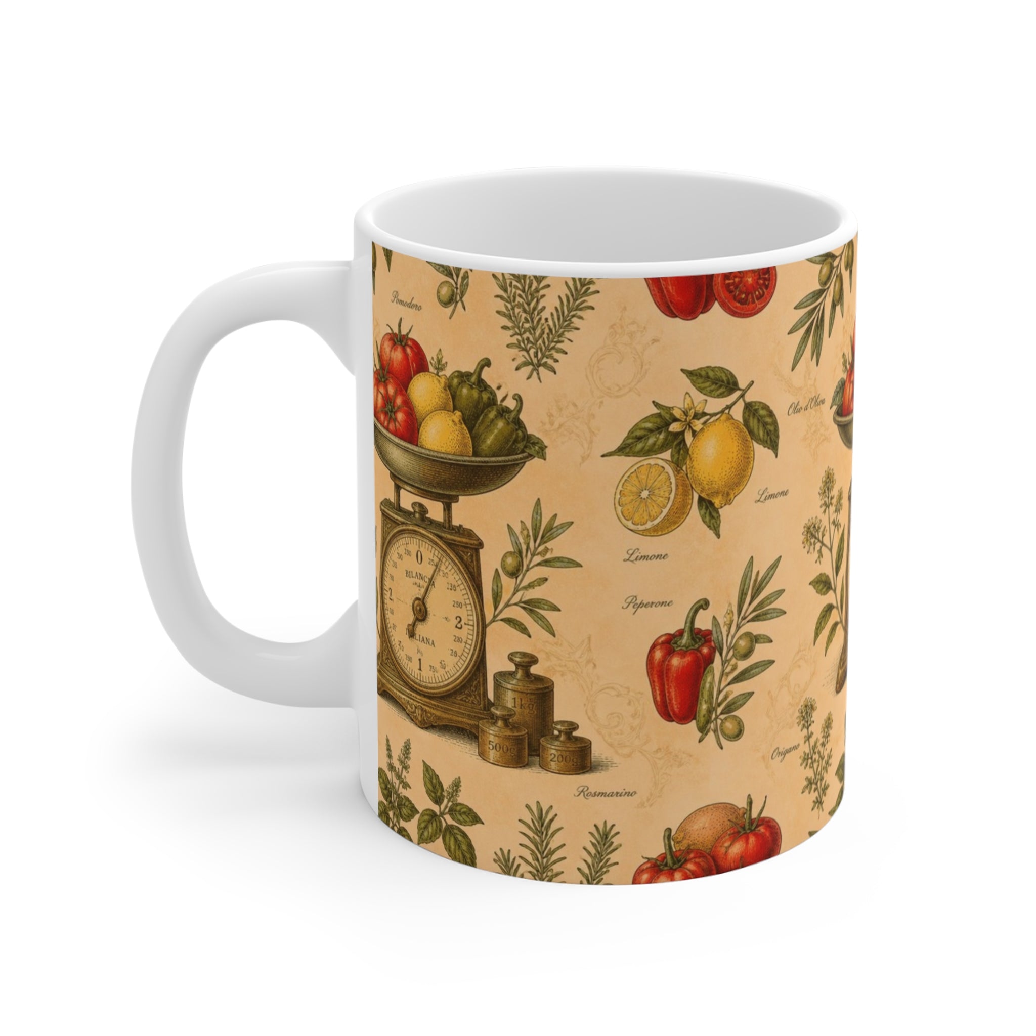 Vintage Kitchen Scale 11oz Ceramic Mug Mediterranean Kitchen Botanical Design Italian Cottagecore Gift