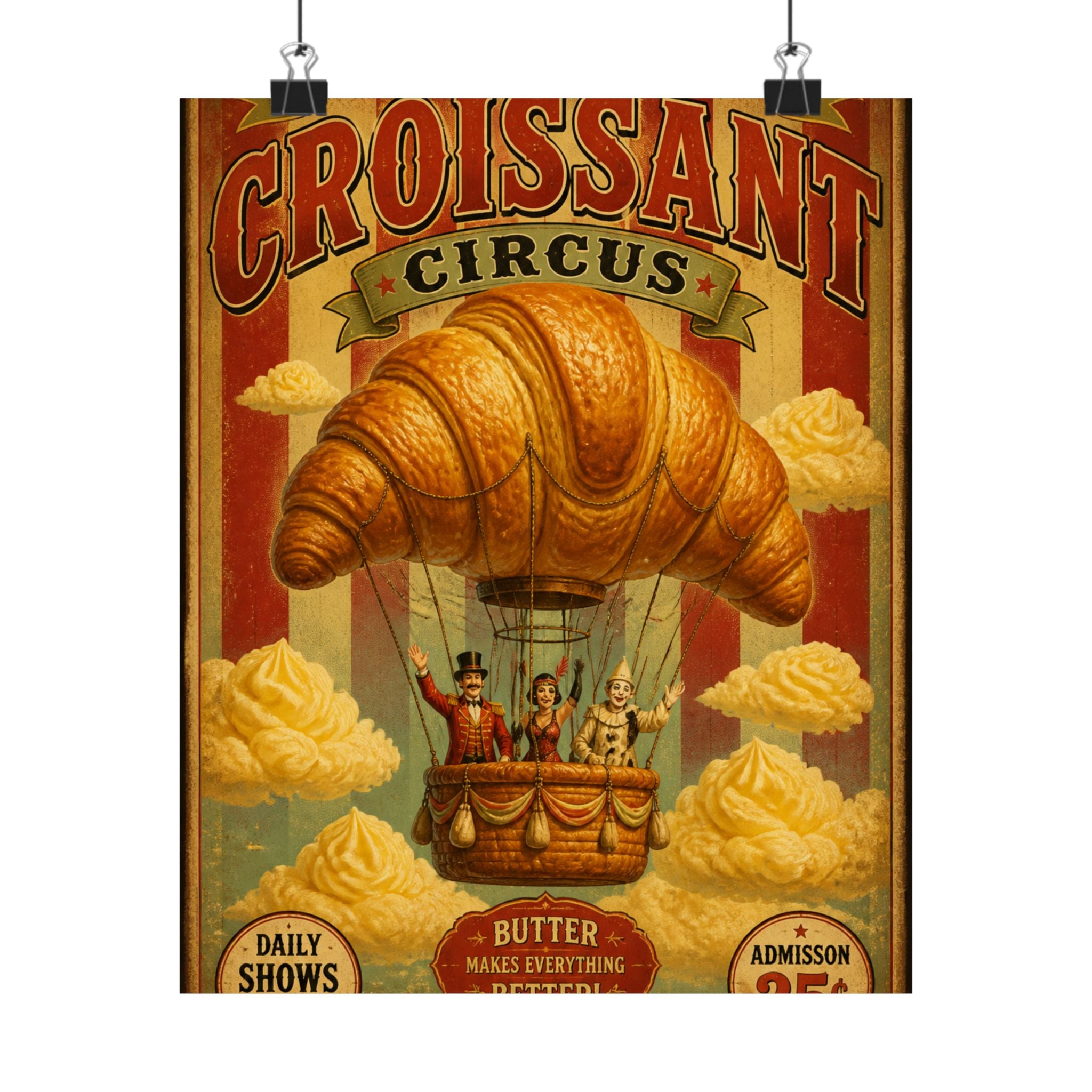 Croissant Hot Air Balloon Wall Art Poster 24×36 Vintage Circus Bedroom Decor Maximalist Print