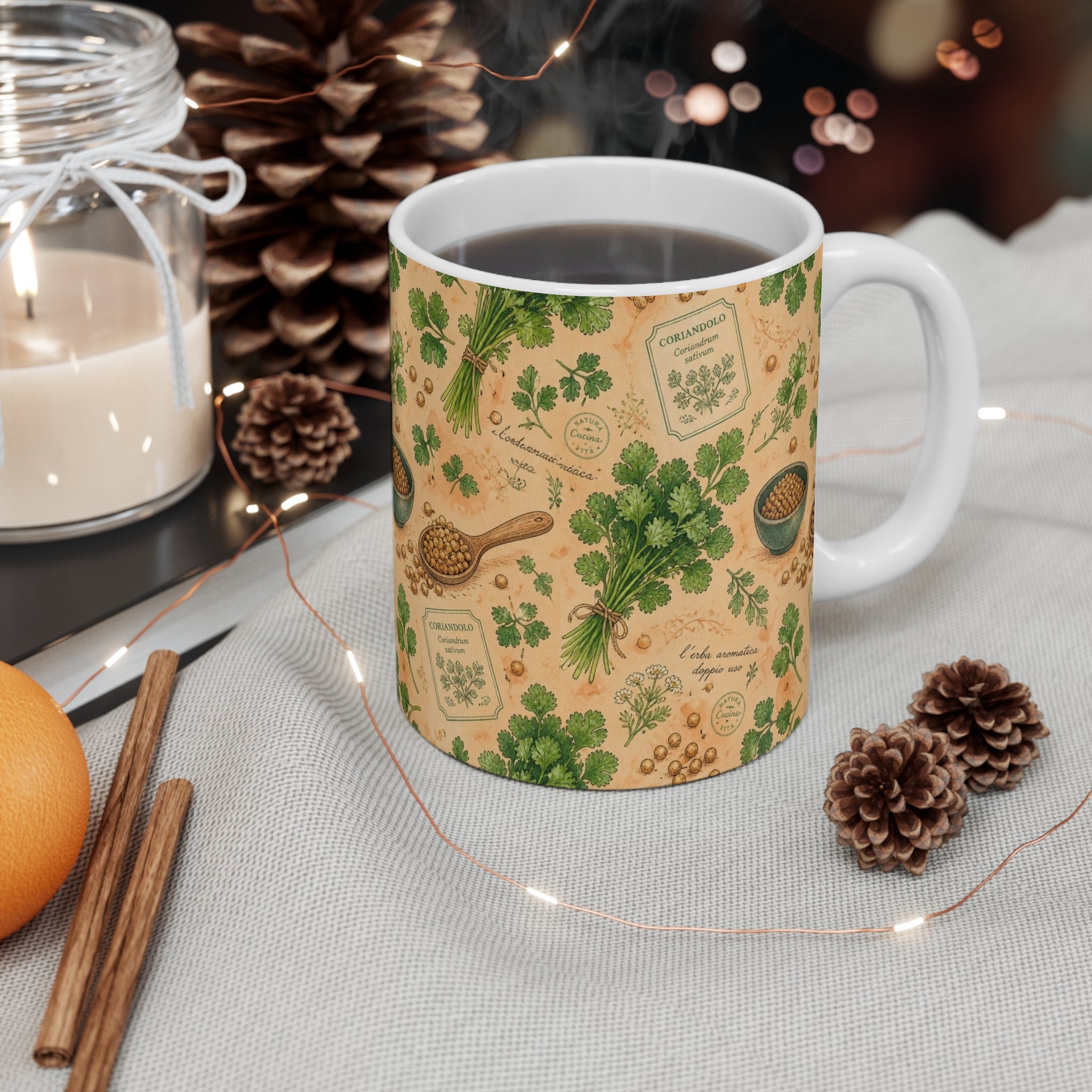 Coriander & Seeds 11oz Ceramic Mug Mediterranean Kitchen Watercolor Design Italian Cottagecore Gift