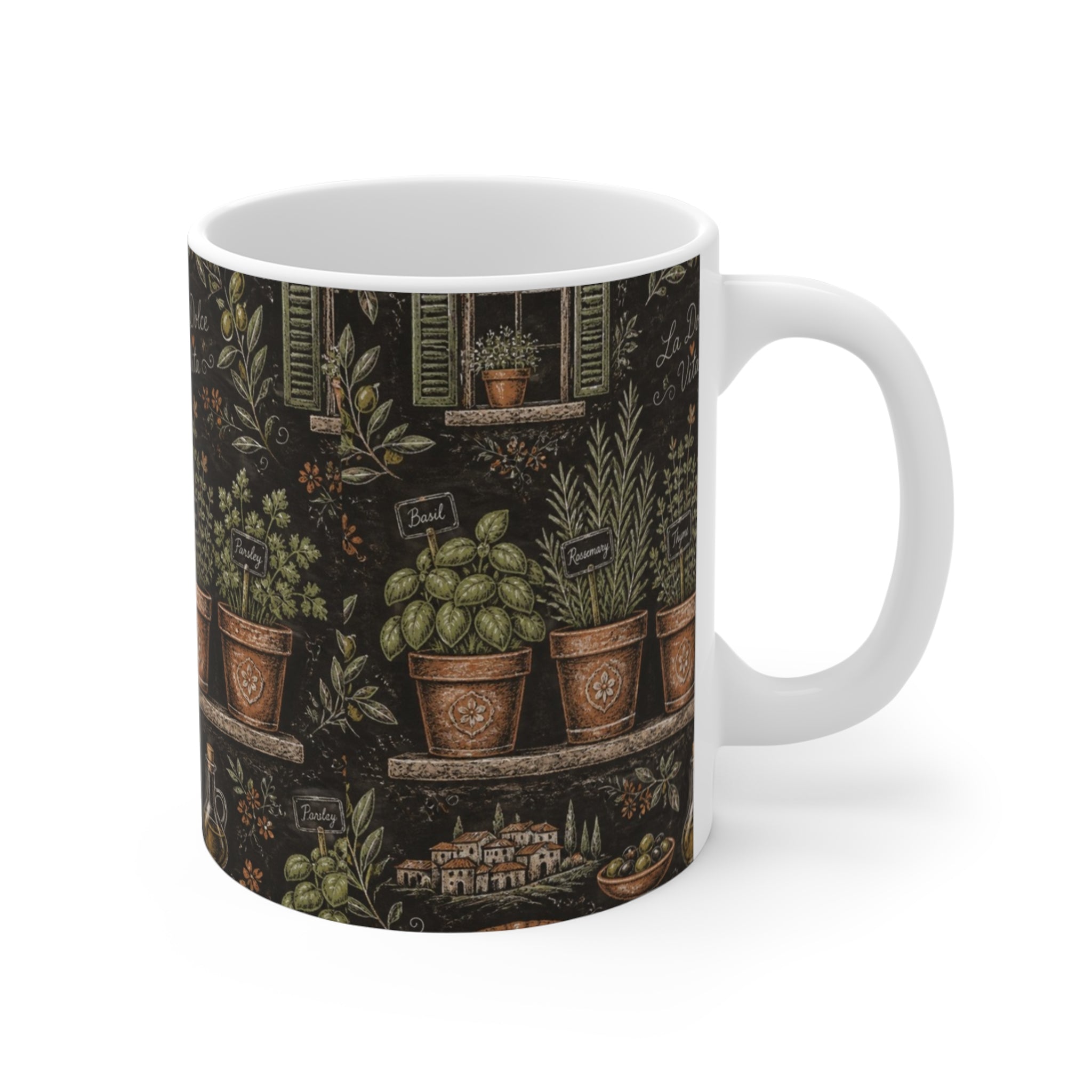 Terracotta Herb Pots 11oz Ceramic Mug Mediterranean Kitchen Chalk Art Design Italian Cottagecore Gift