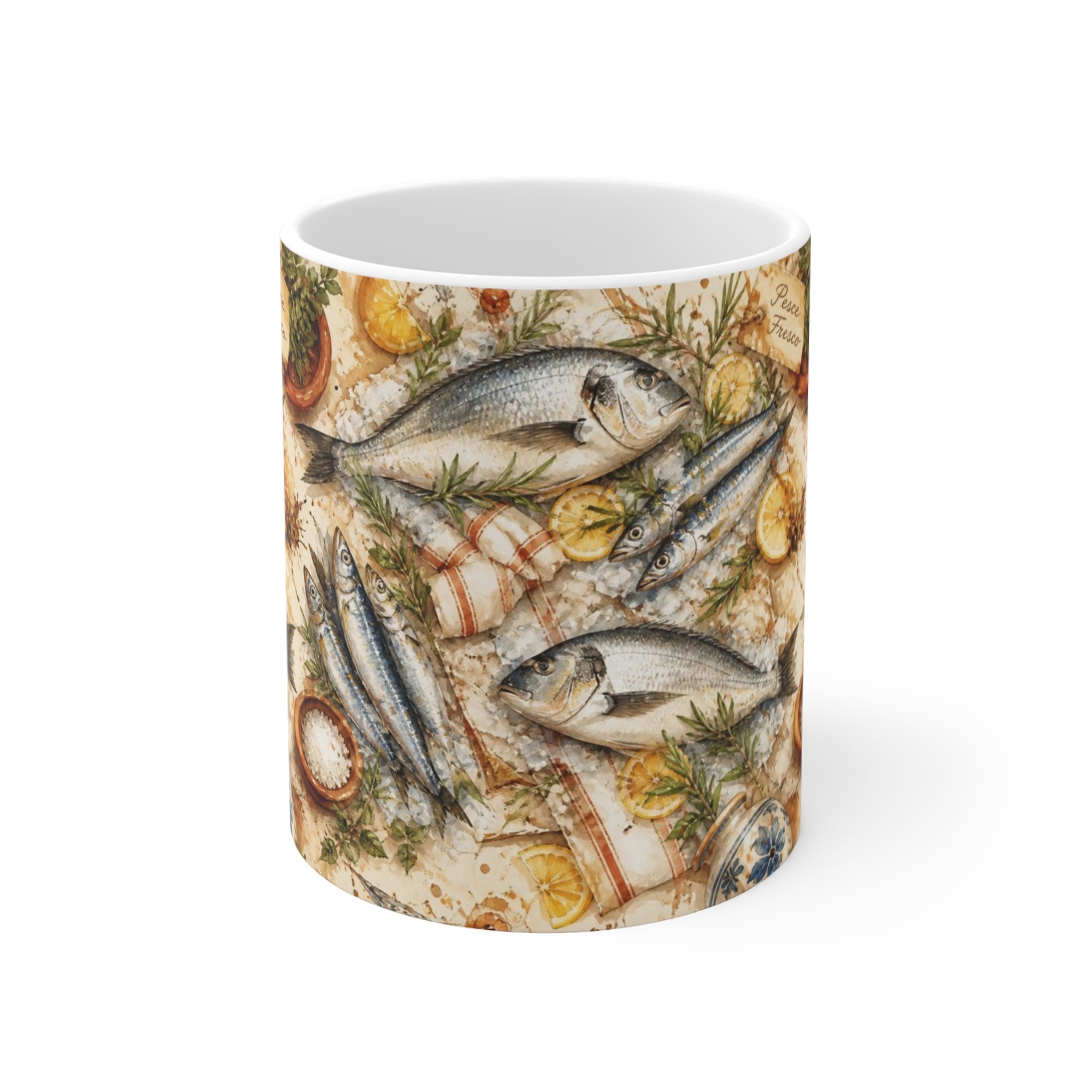 Mediterranean Fish 11oz Ceramic Mug Mediterranean Kitchen Watercolor Splash Design Italian Cottagecore Gift