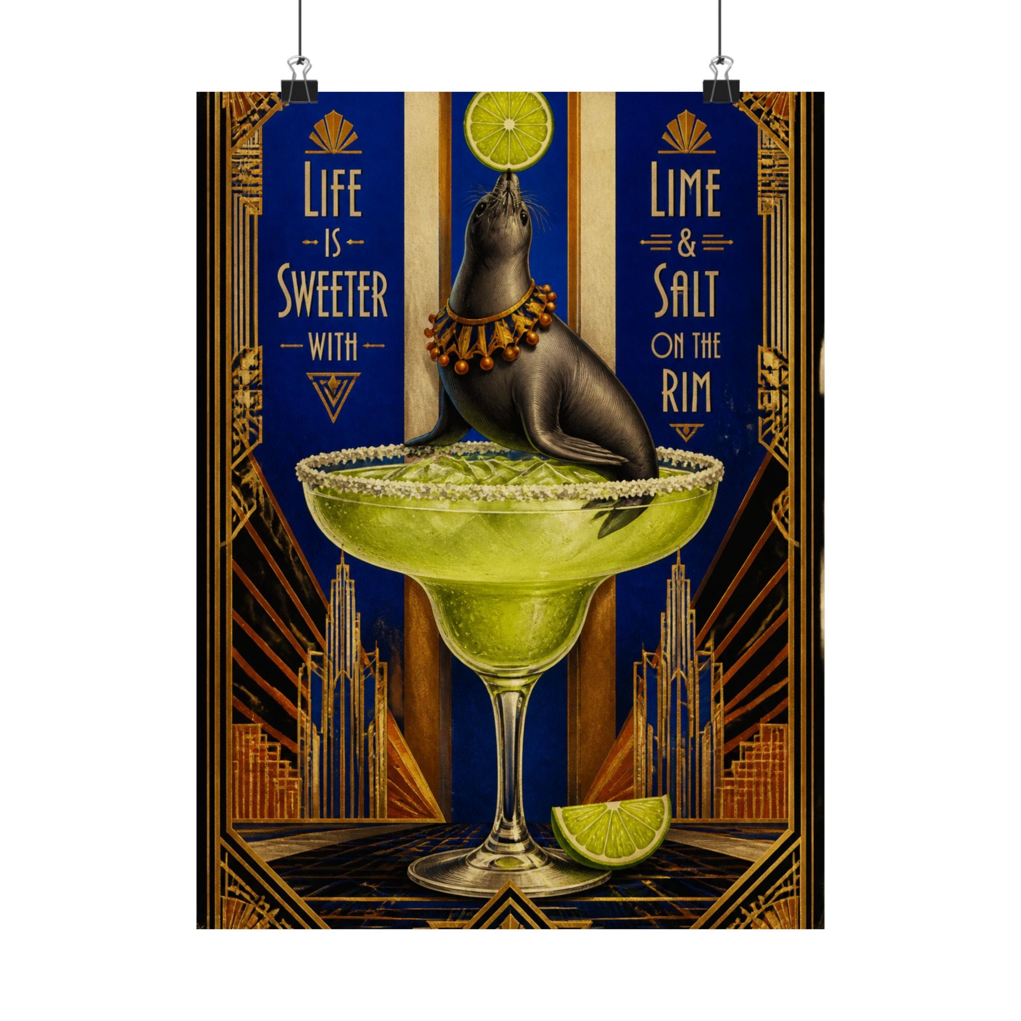 Margarita Balancing Seal Wall Art Poster 24×36 Art Deco Bar Area Decor Maximalist Print