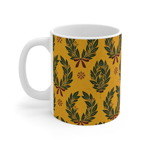Bay Laurel Wreath 11oz Ceramic Mug Mediterranean Kitchen Linocut Design Italian Cottagecore Gift