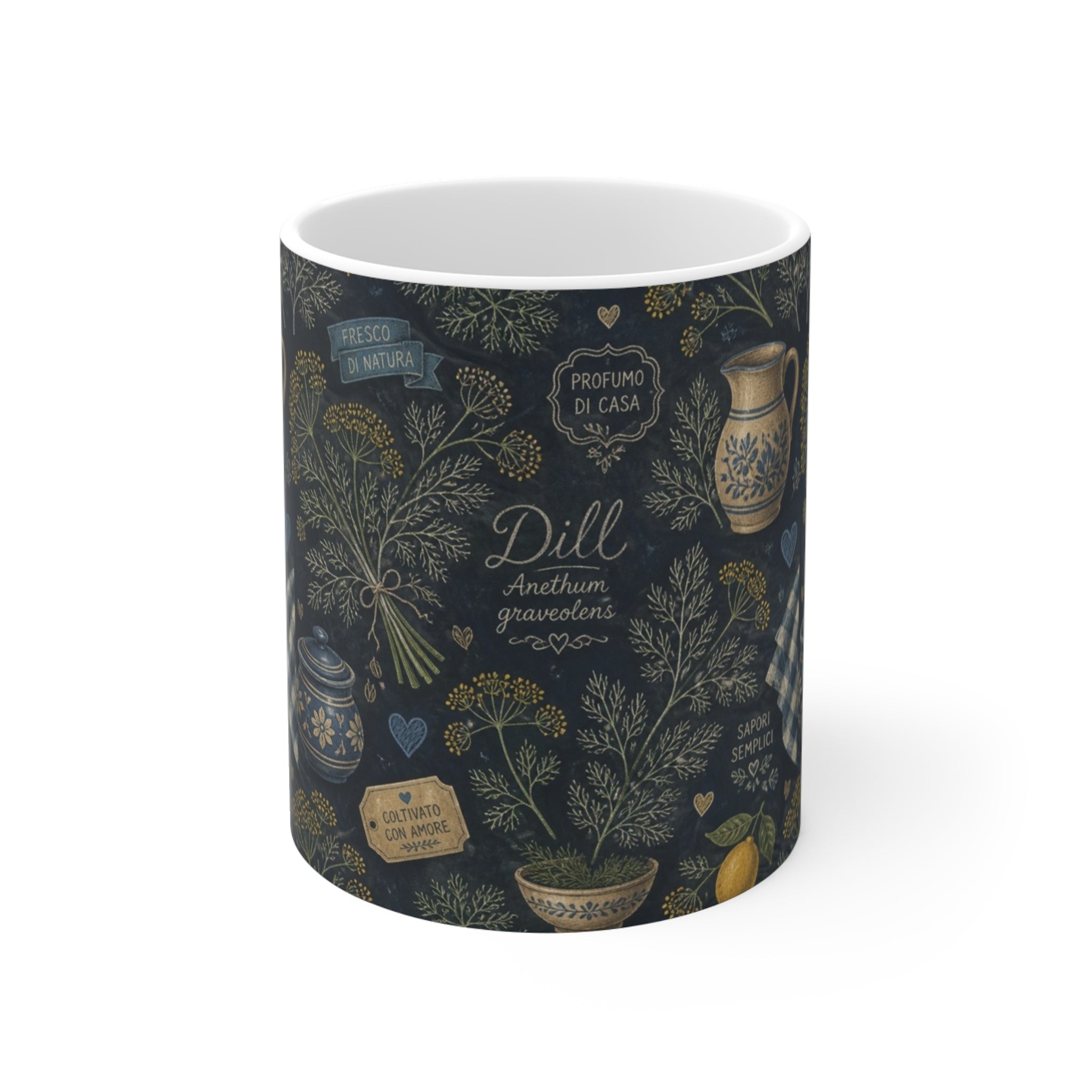 Dill Fronds 11oz Ceramic Mug Mediterranean Kitchen Chalk Art Design Italian Cottagecore Gift
