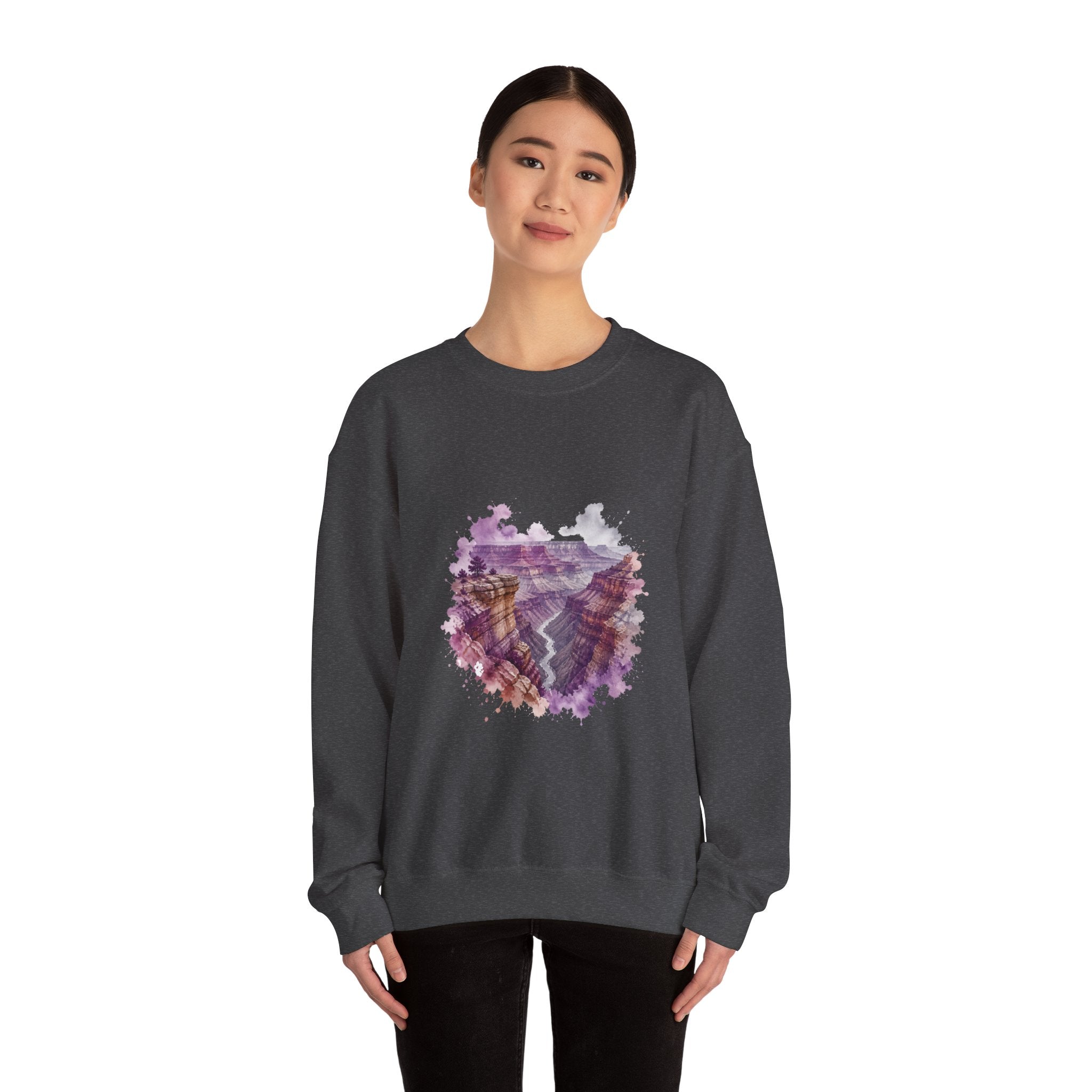 Matching Couple Sweatshirt - Lavender Fields & Canyon Matching Couple Crewneck Sweatshirt Watercolor Art His Hers Engagement Gift - Design B