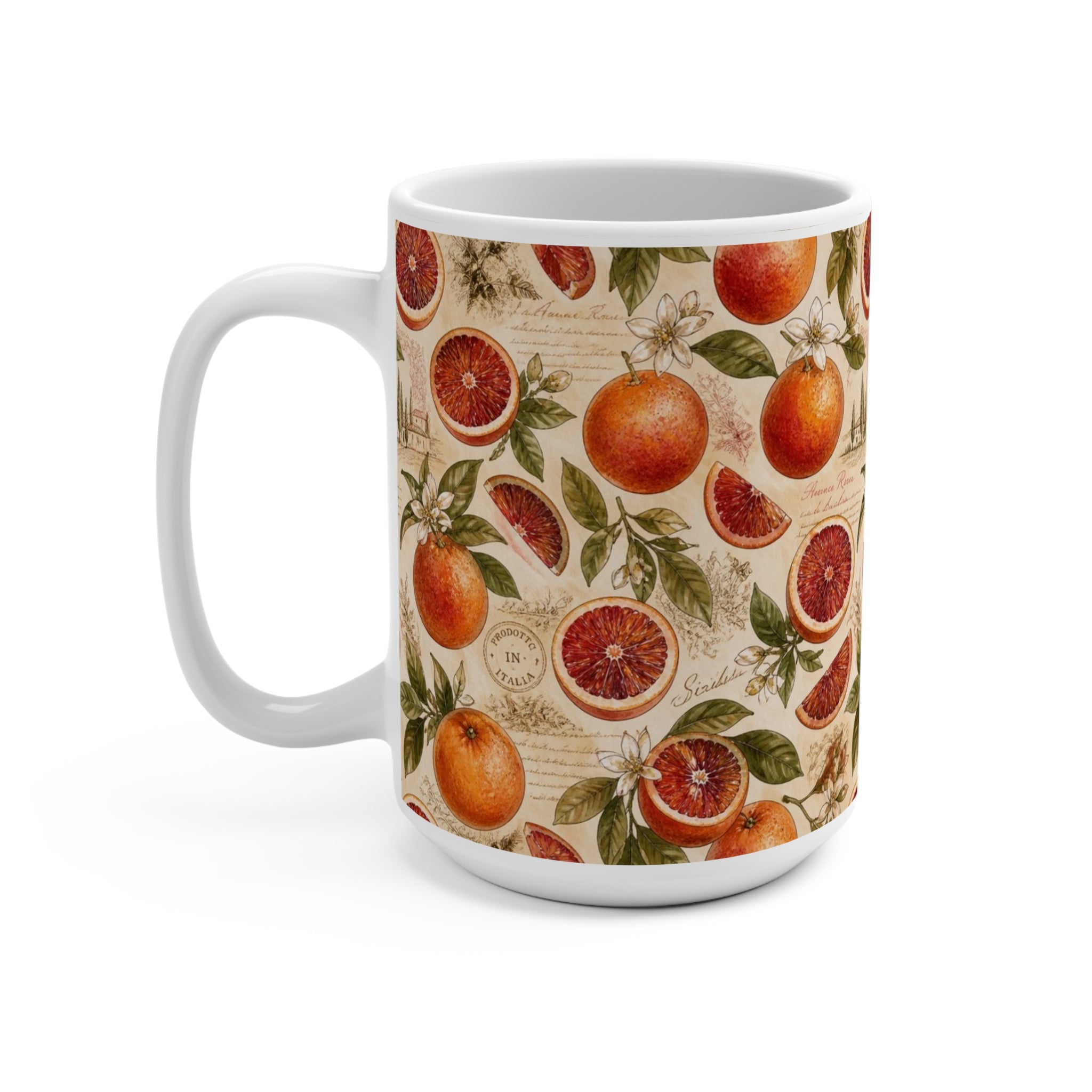 Blood Oranges 15oz Ceramic Mug Mediterranean Kitchen Watercolor Design Italian Cottagecore Gift