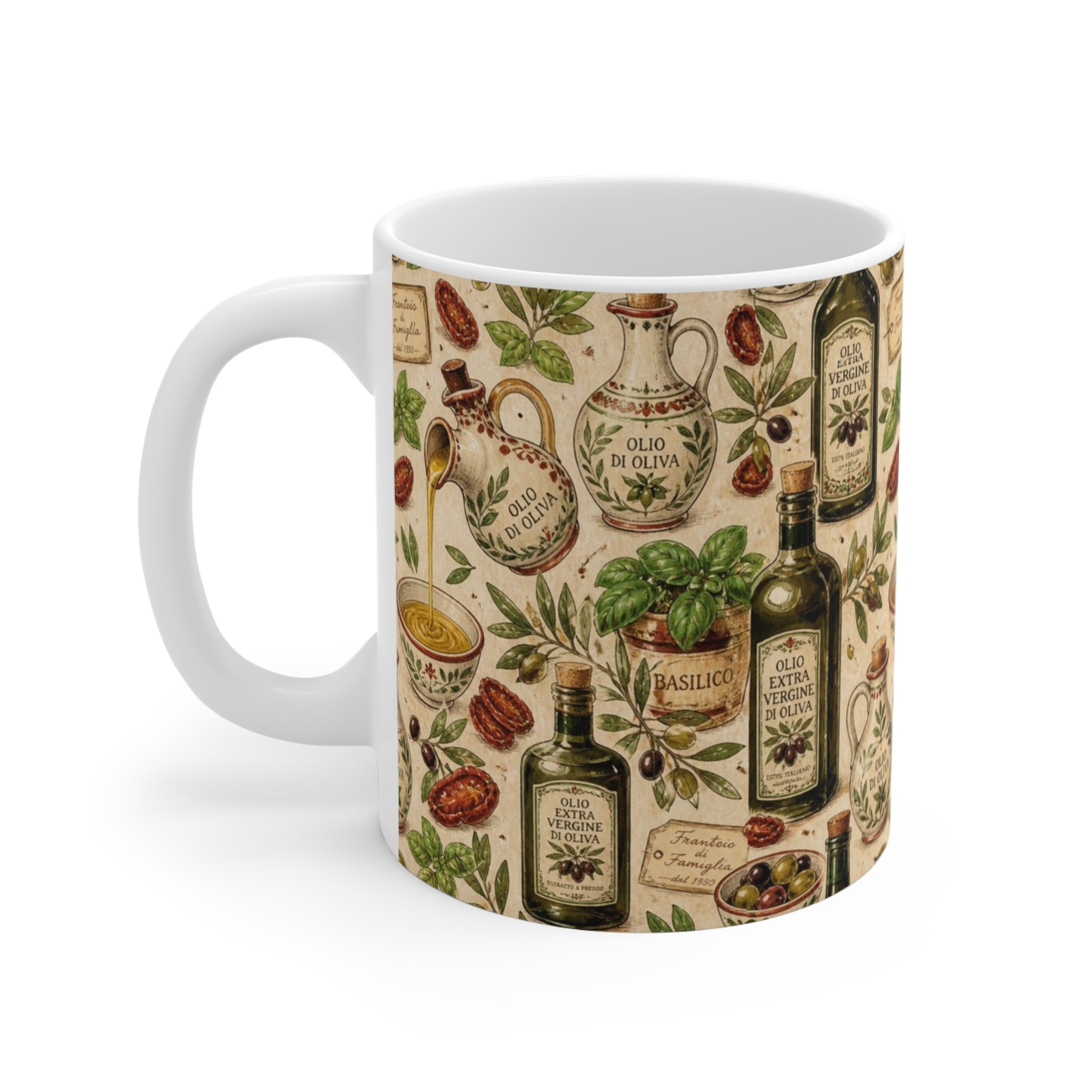 Olive Oil Bottles 11oz Ceramic Mug Mediterranean Kitchen Watercolor Design Italian Cottagecore Gift