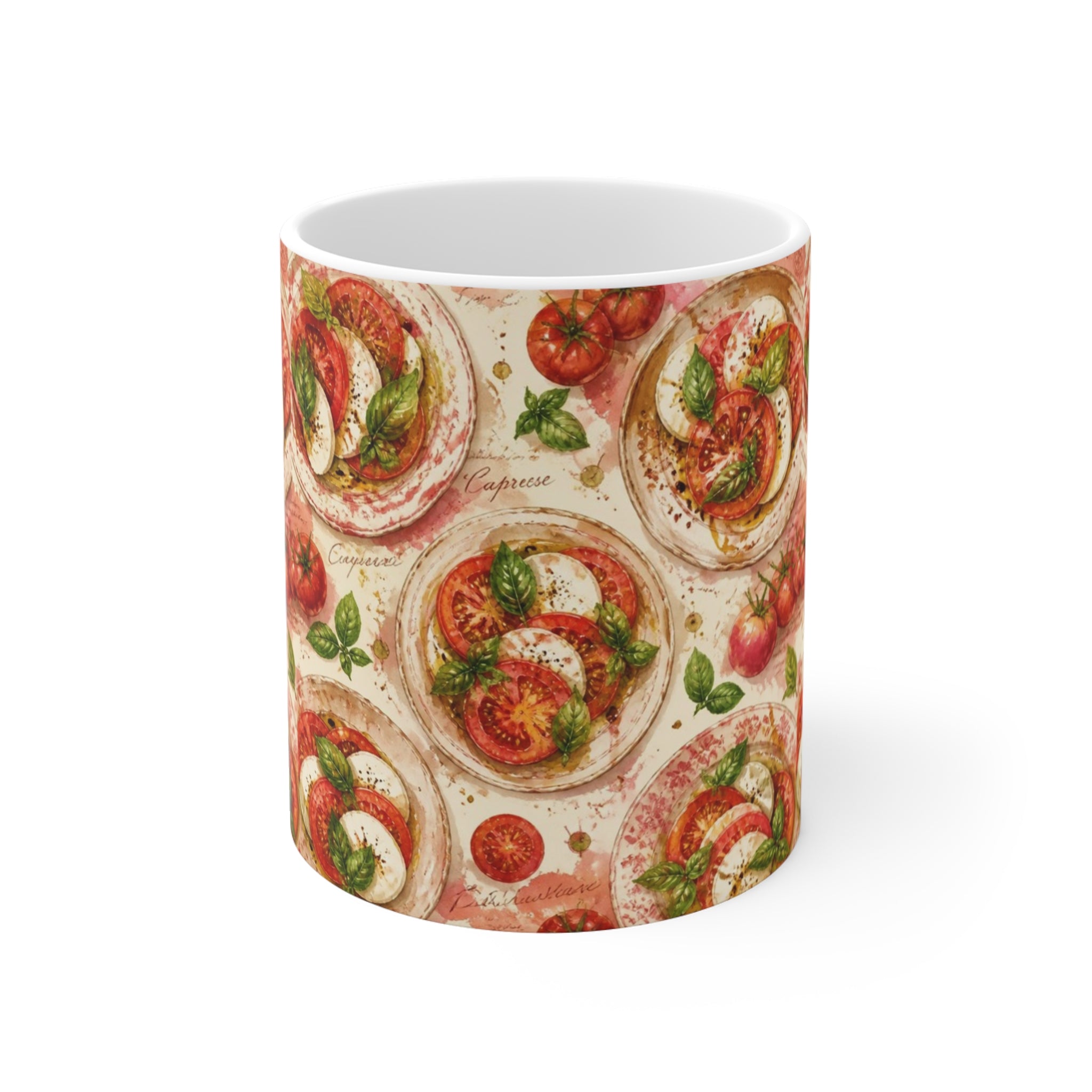 Caprese Arrangement 11oz Ceramic Mug Mediterranean Kitchen Watercolor Splash Design Italian Cottagecore Gift