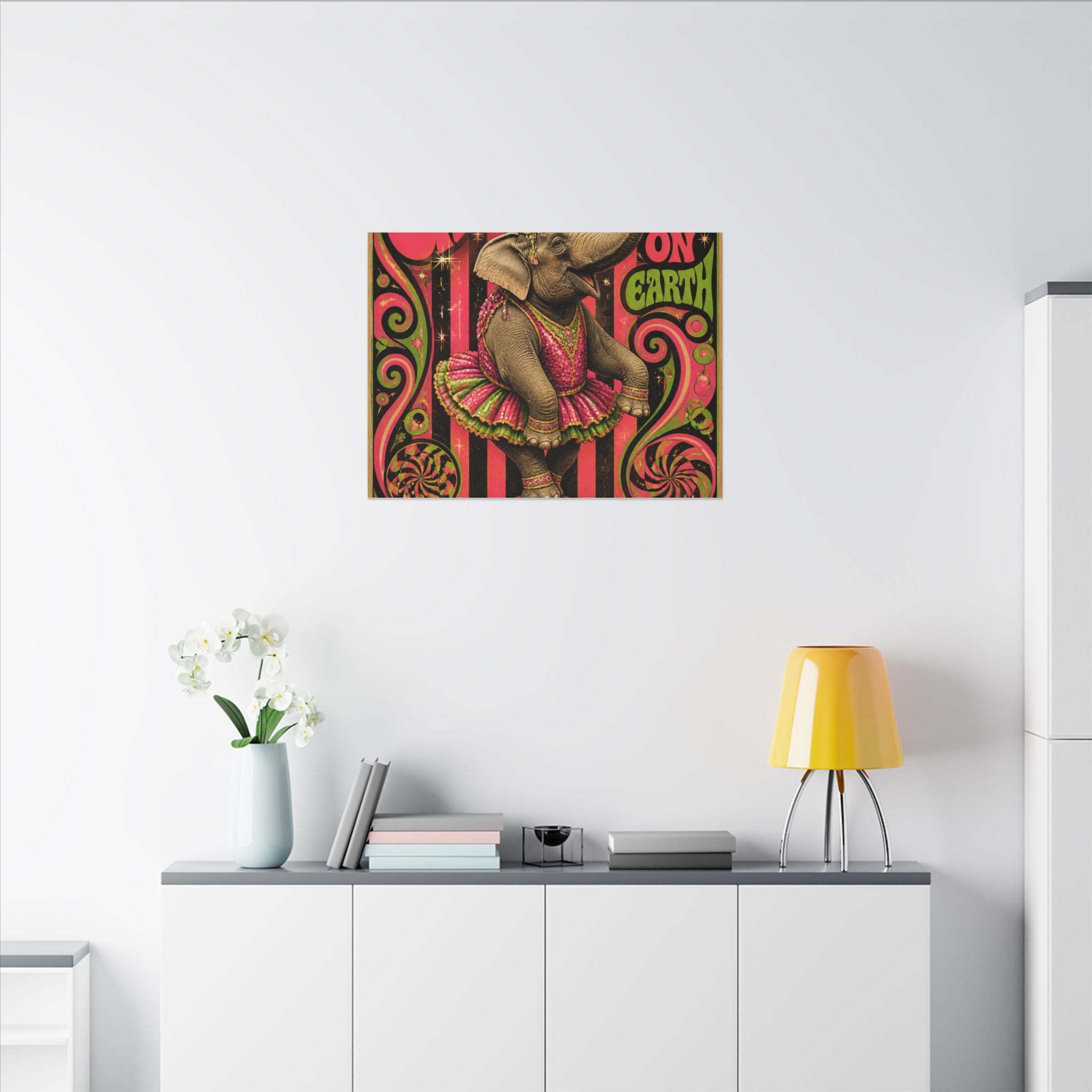 Elephant on Ball Wall Art Canvas 24×36 Psychedelic Dining Room Decor Maximalist Print