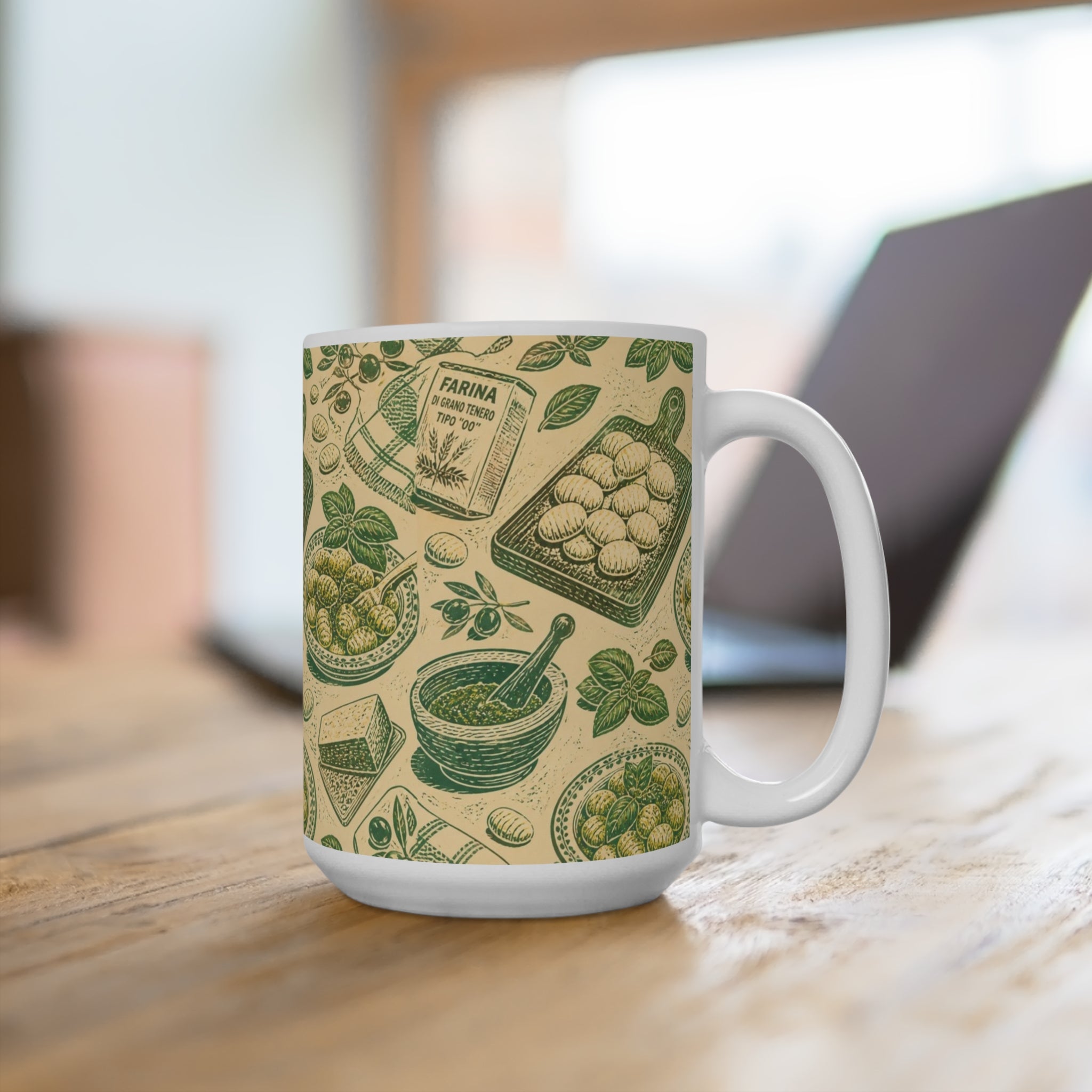 Potato Gnocchi 15oz Ceramic Mug Mediterranean Kitchen Linocut Design Italian Cottagecore Gift