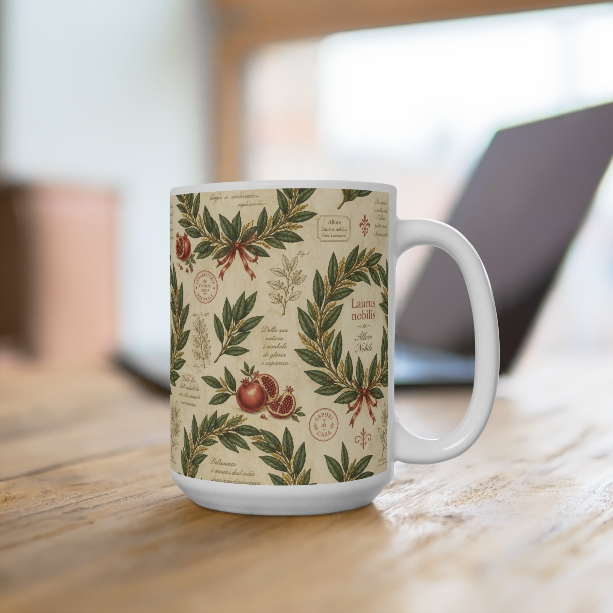 Bay Laurel Wreath 15oz Ceramic Mug Mediterranean Kitchen Botanical Design Italian Cottagecore Gift