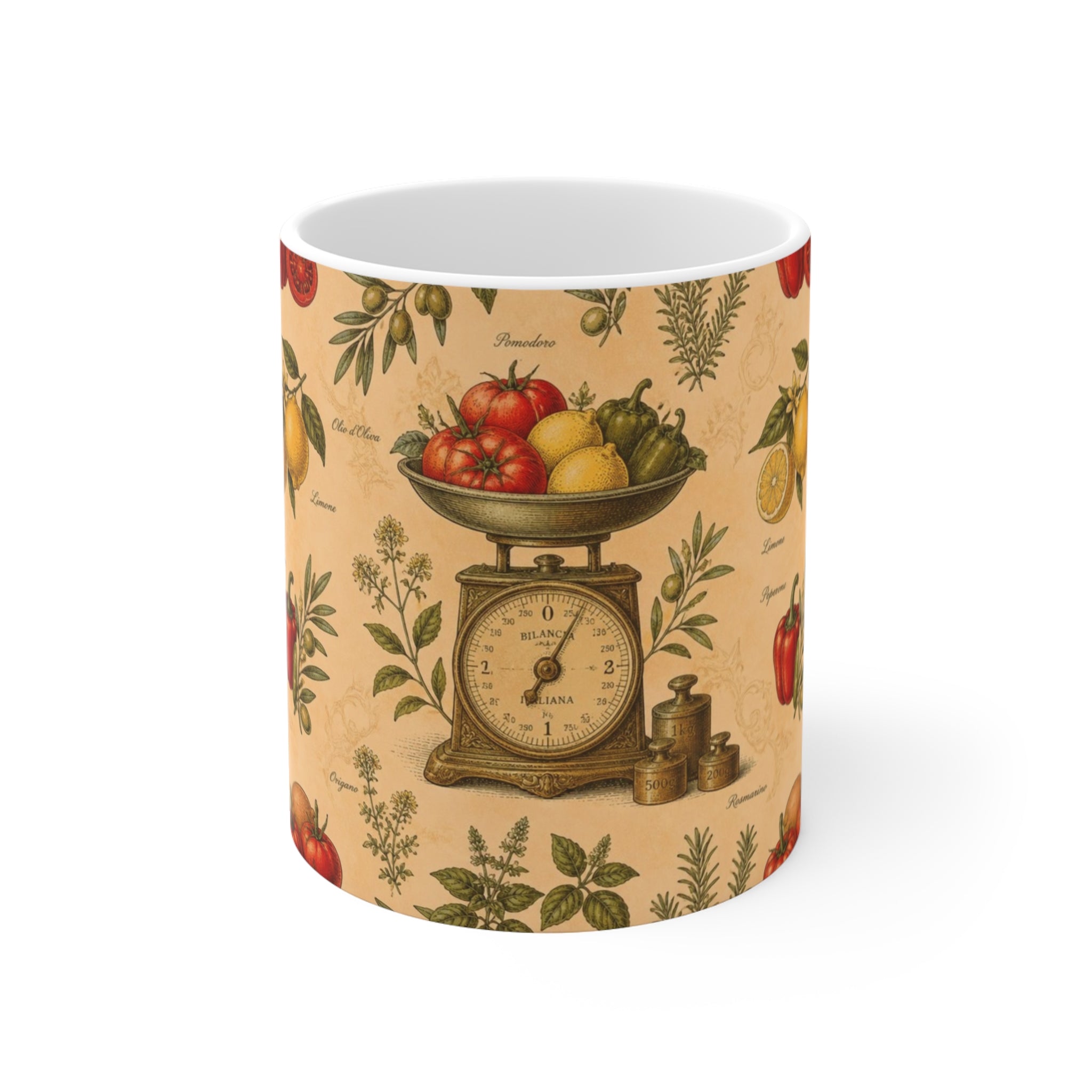 Vintage Kitchen Scale 11oz Ceramic Mug Mediterranean Kitchen Botanical Design Italian Cottagecore Gift