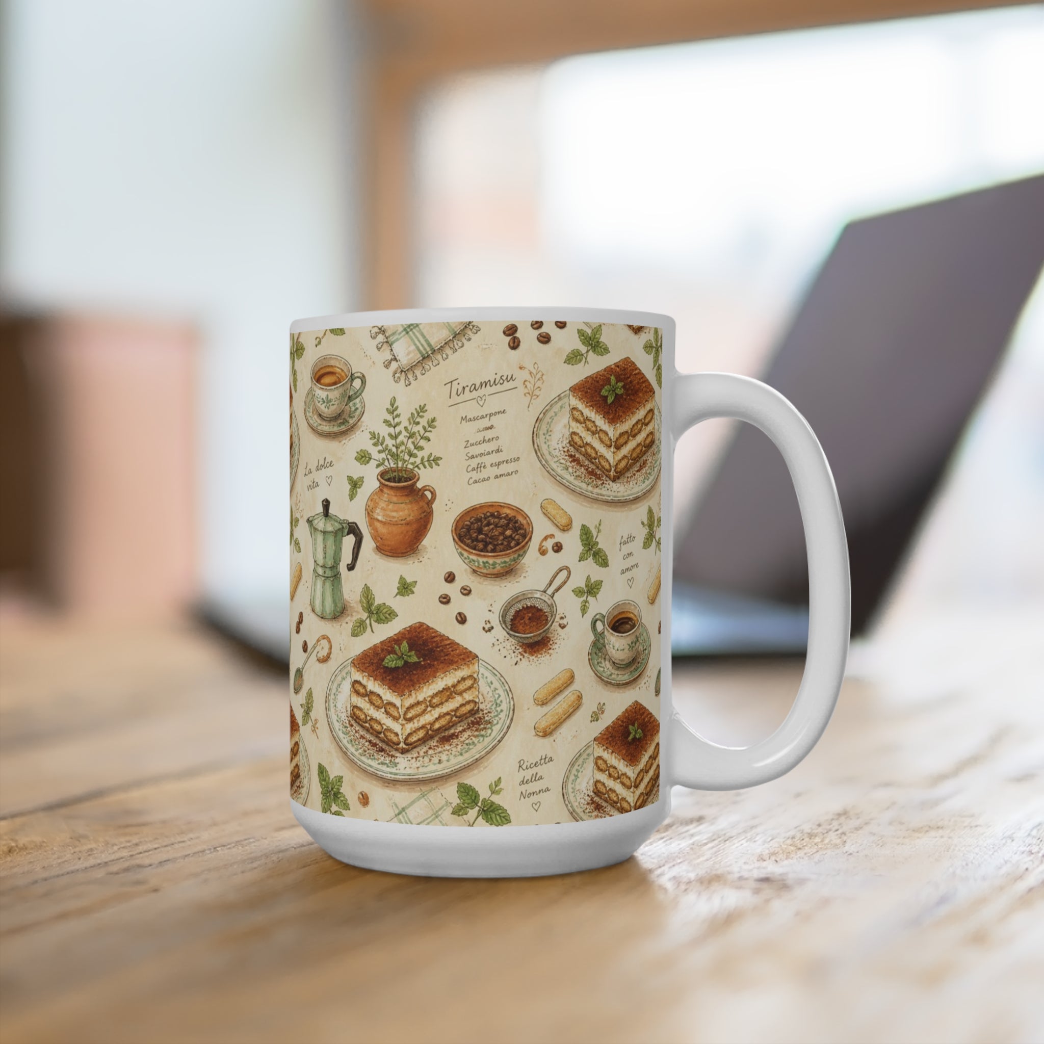 Tiramisu Layers 15oz Ceramic Mug Mediterranean Kitchen Watercolor Design Italian Cottagecore Gift