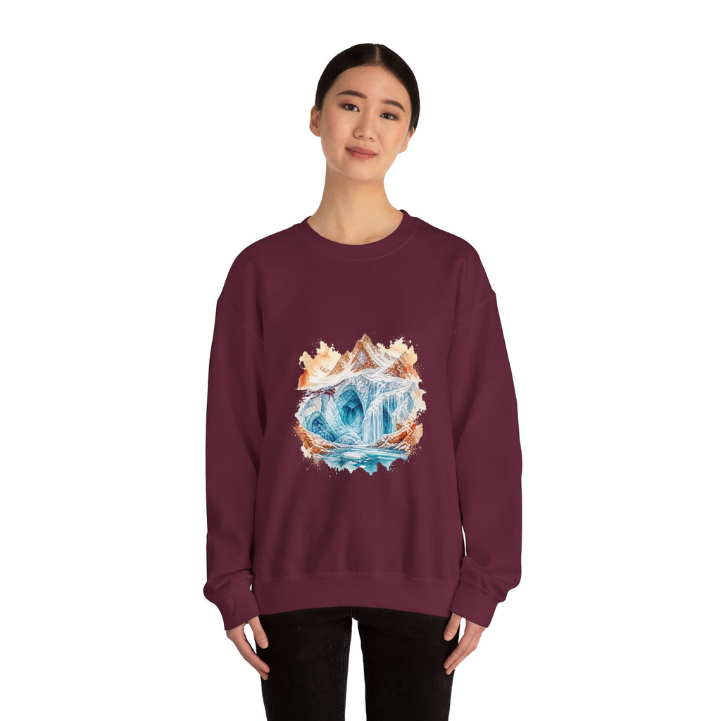 Matching Couple Sweatshirt - Volcano & Glacier Matching Couple Crewneck Sweatshirt Watercolor Art His Hers Engagement Gift - Design B
