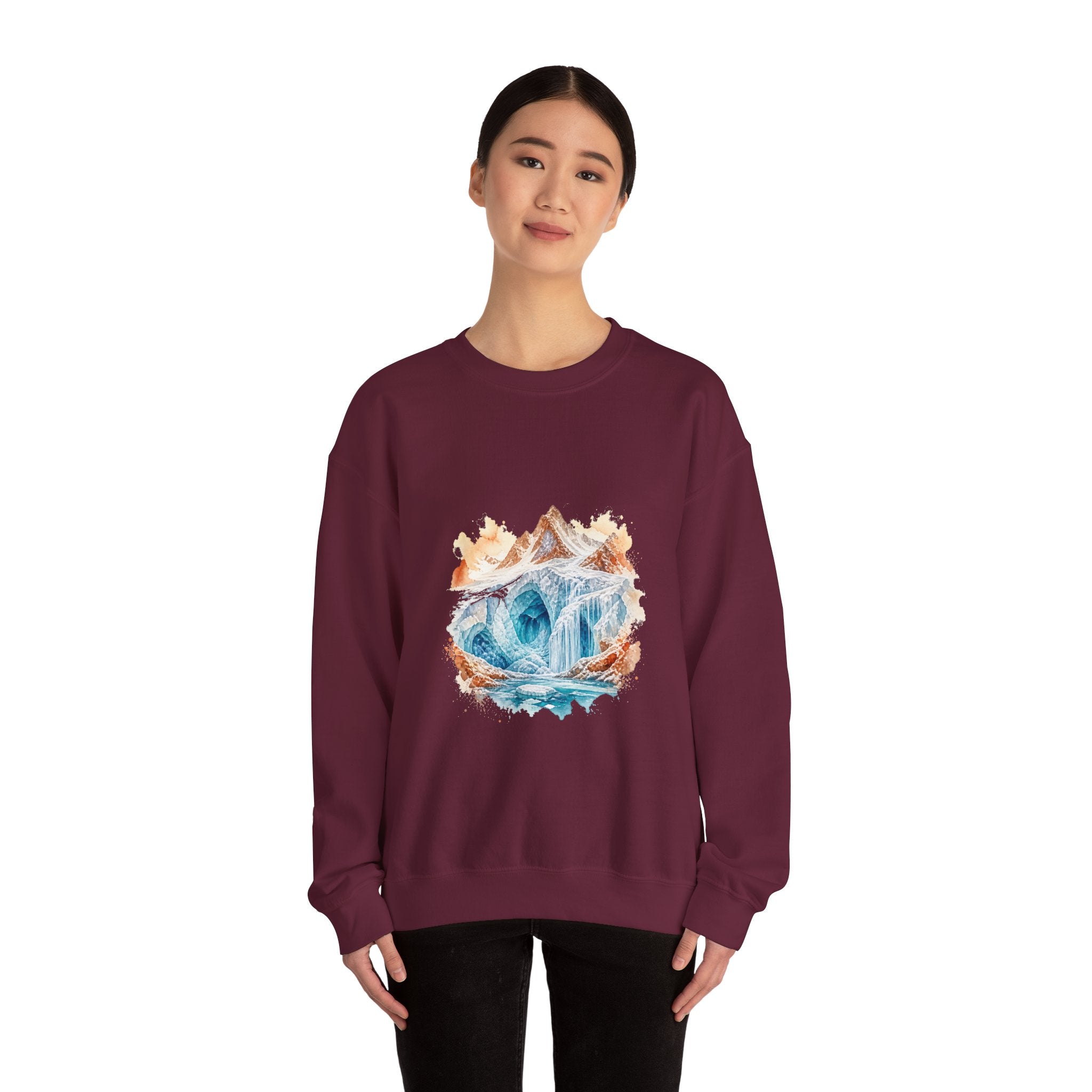 Matching Couple Sweatshirt - Volcano & Glacier Matching Couple Crewneck Sweatshirt Watercolor Art His Hers Engagement Gift - Design B