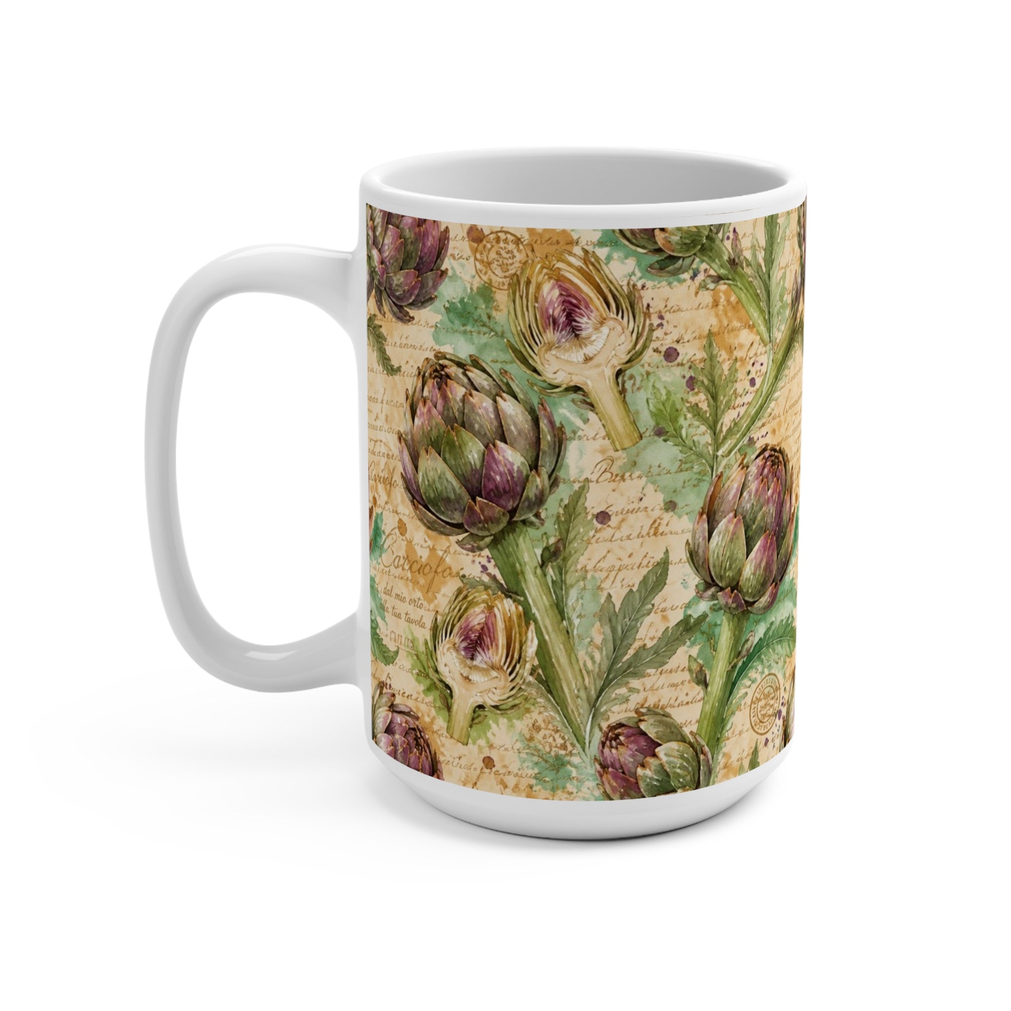 Globe Artichokes 15oz Ceramic Mug Mediterranean Kitchen Watercolor Splash Design Italian Cottagecore Gift