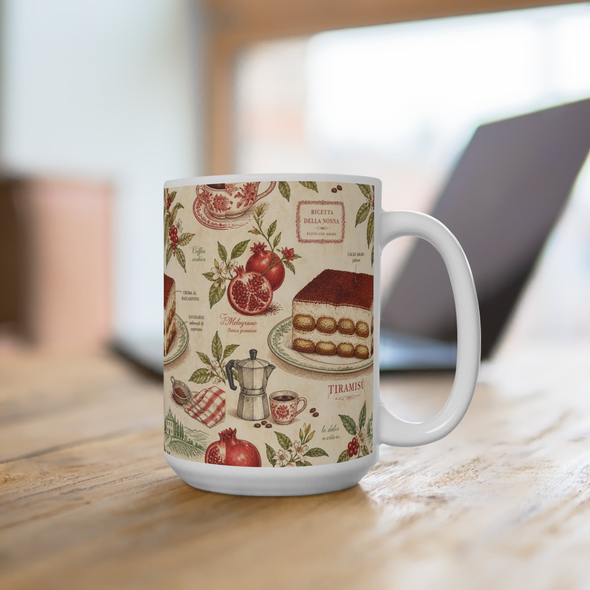 Tiramisu Layers 15oz Ceramic Mug Mediterranean Kitchen Botanical Design Italian Cottagecore Gift
