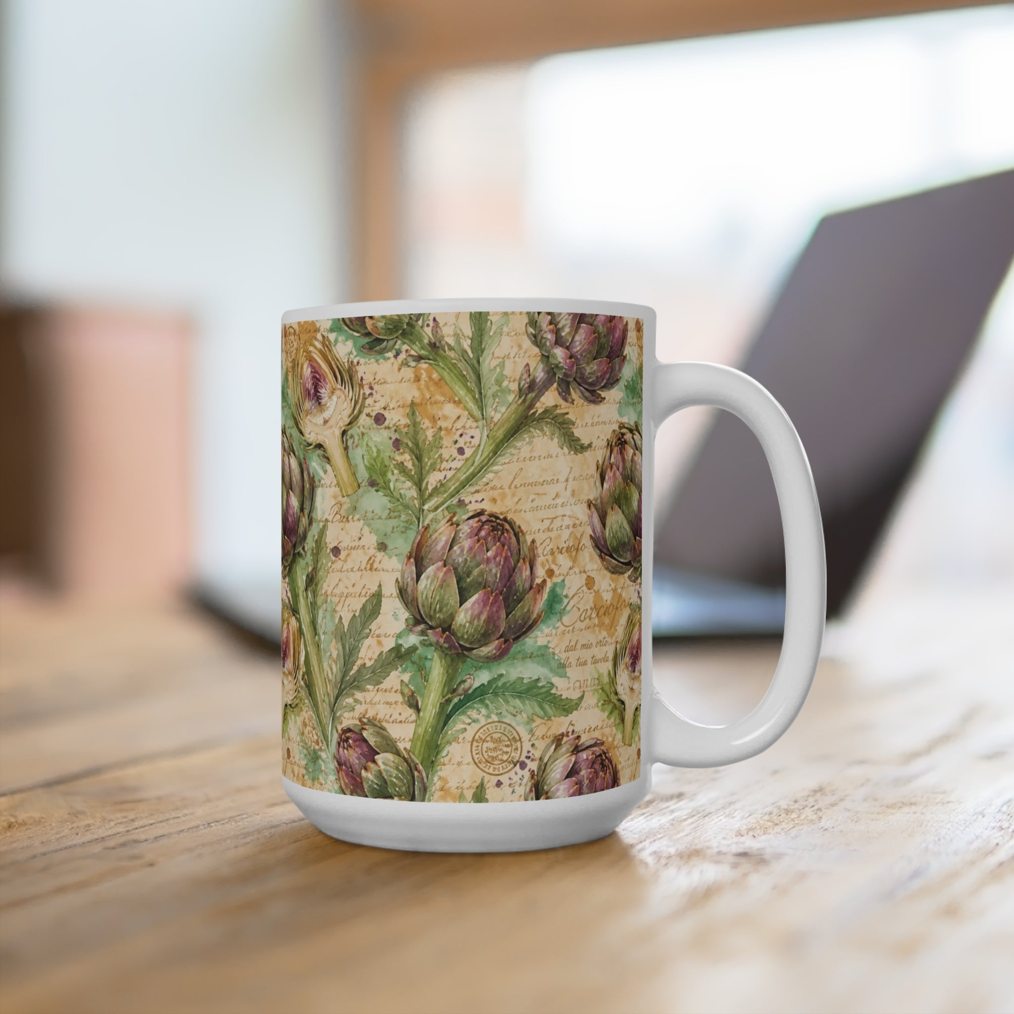 Globe Artichokes 15oz Ceramic Mug Mediterranean Kitchen Watercolor Splash Design Italian Cottagecore Gift