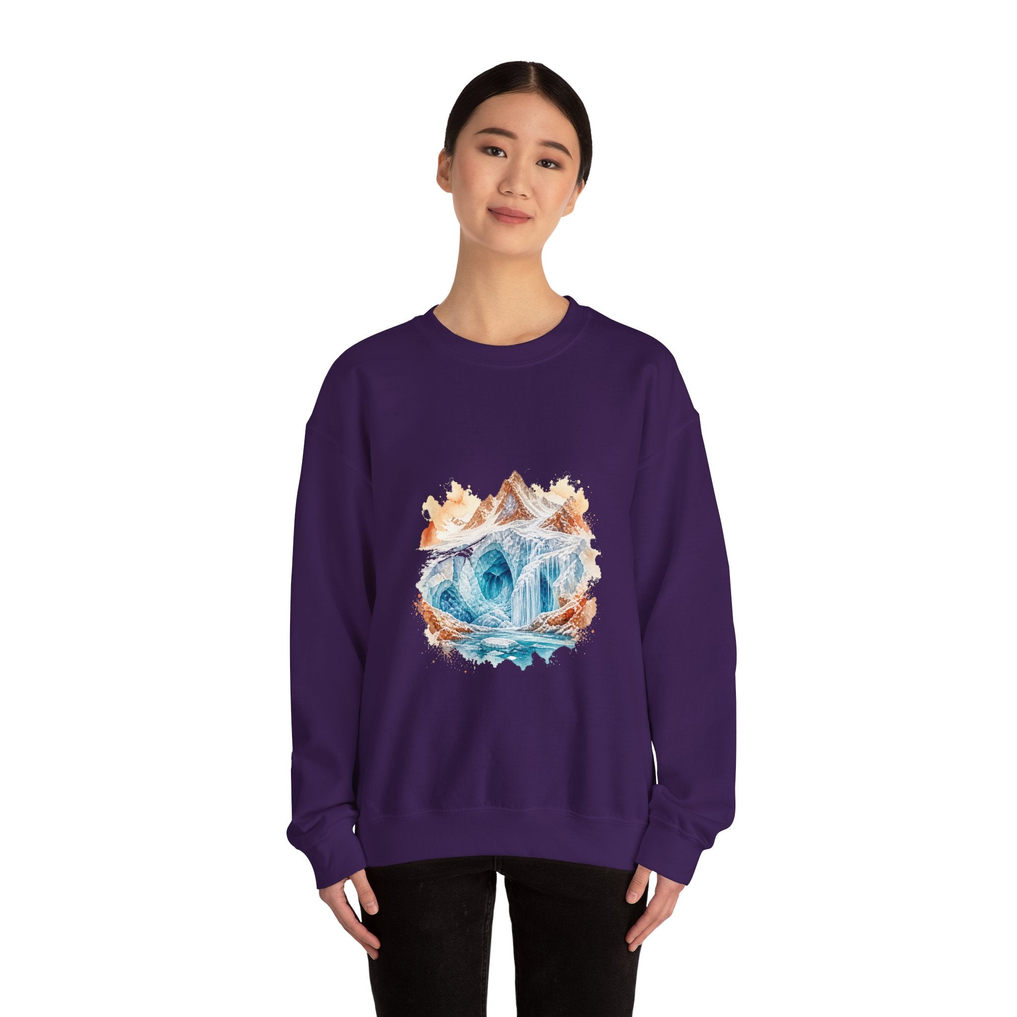 Matching Couple Sweatshirt - Volcano & Glacier Matching Couple Crewneck Sweatshirt Watercolor Art His Hers Engagement Gift - Design B
