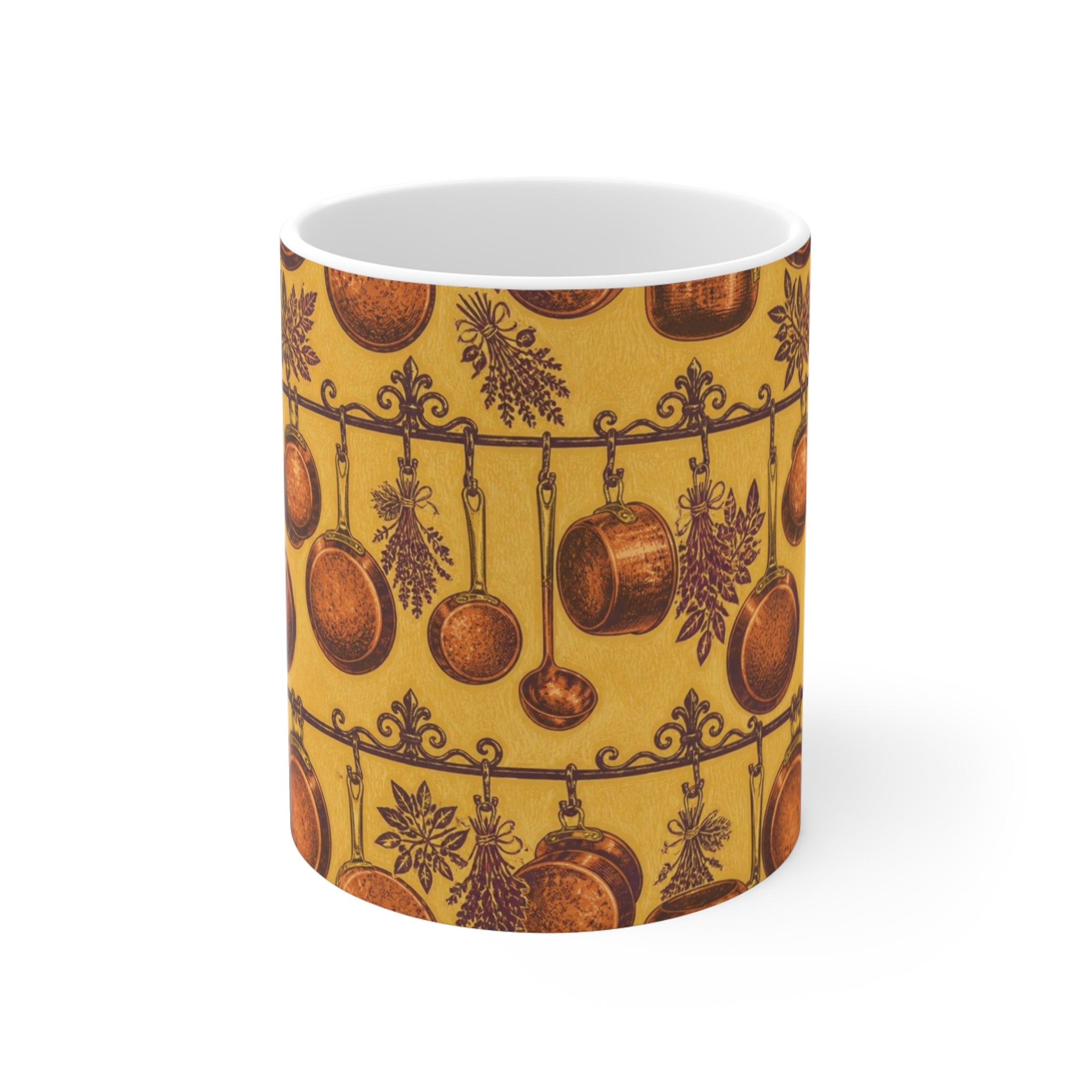 Copper Cookware 11oz Ceramic Mug Mediterranean Kitchen Linocut Design Italian Cottagecore Gift