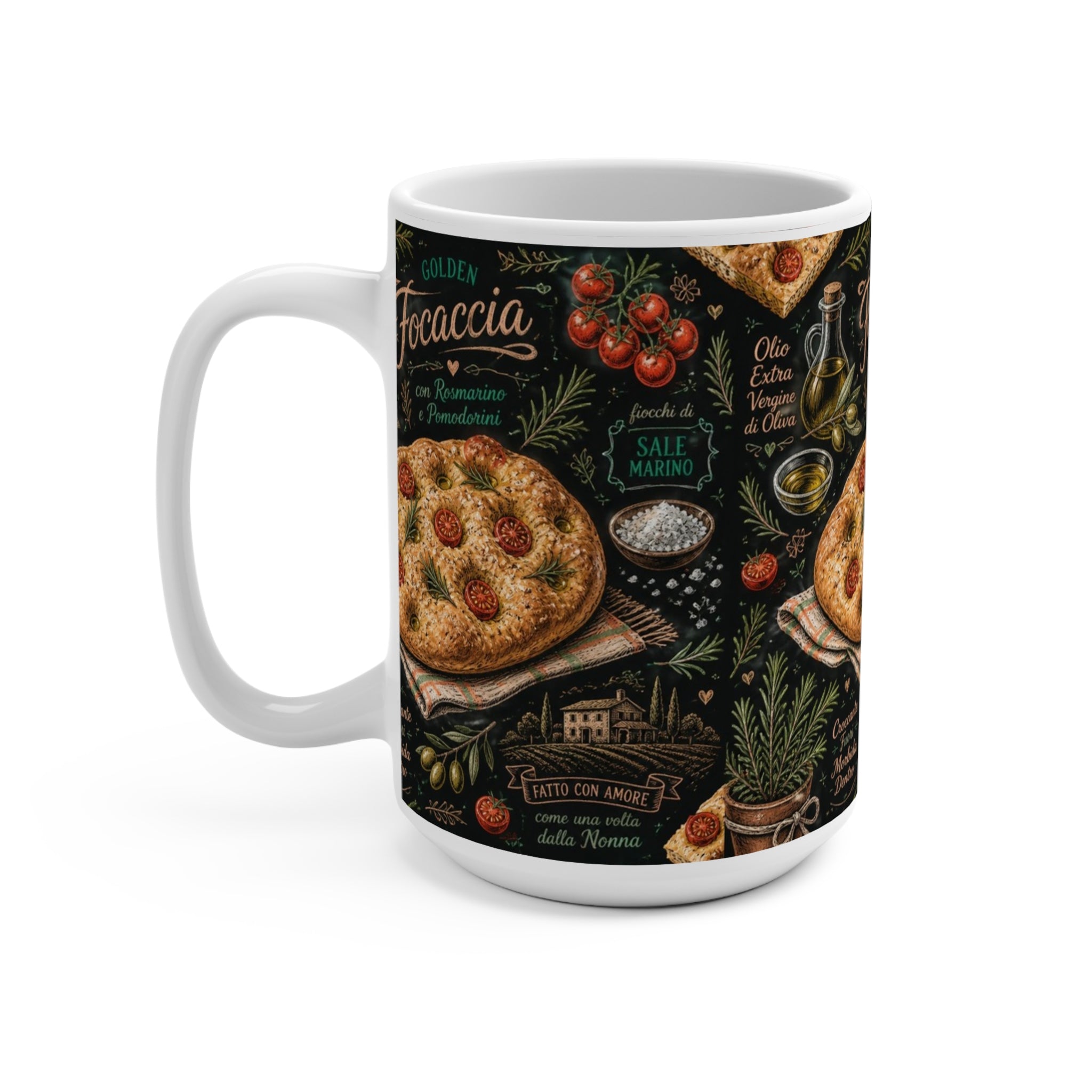 Focaccia Bread 15oz Ceramic Mug Mediterranean Kitchen Chalk Art Design Italian Cottagecore Gift
