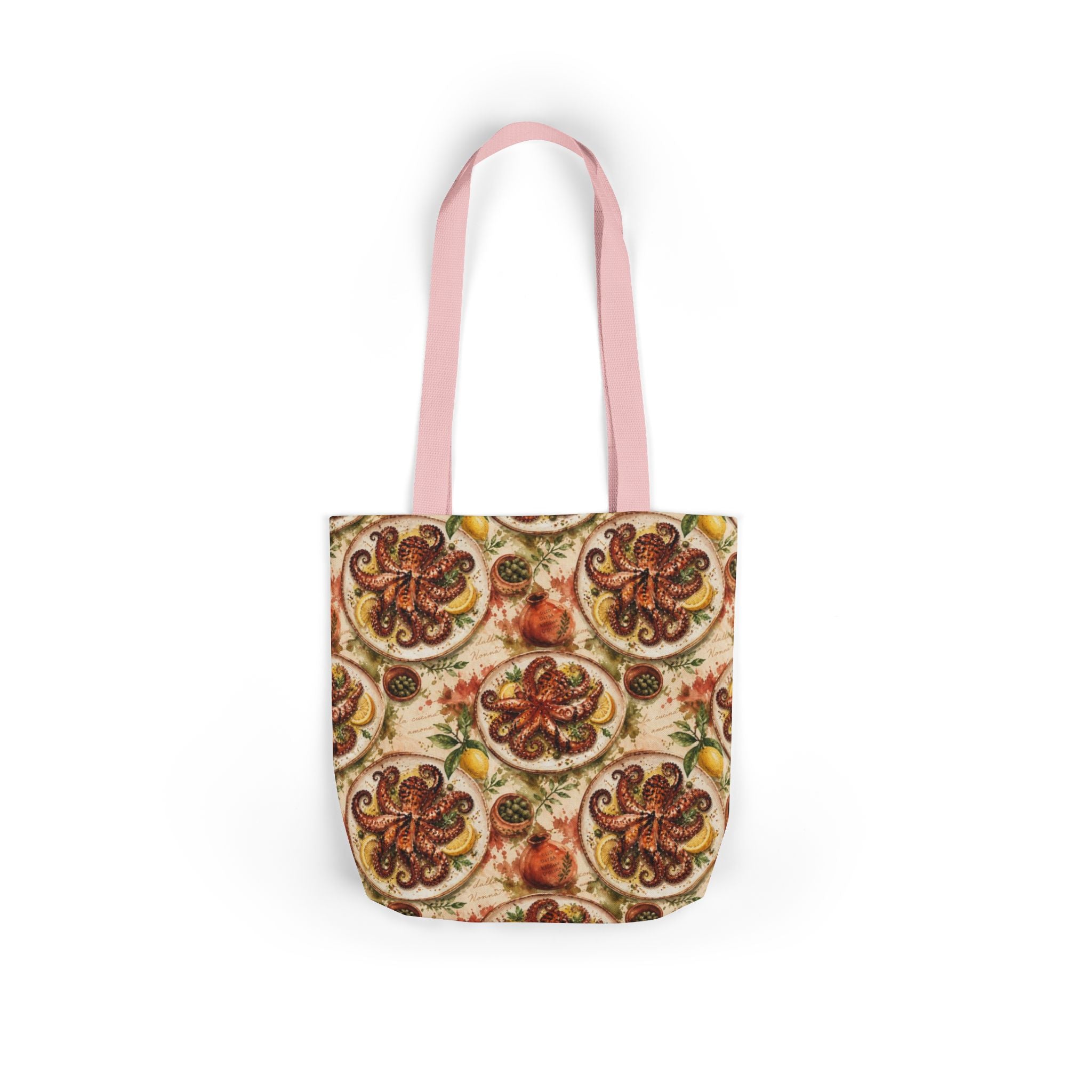Grilled Octopus Canvas Tote Bag Mediterranean Kitchen Watercolor Splash Design Italian Cottagecore Gift