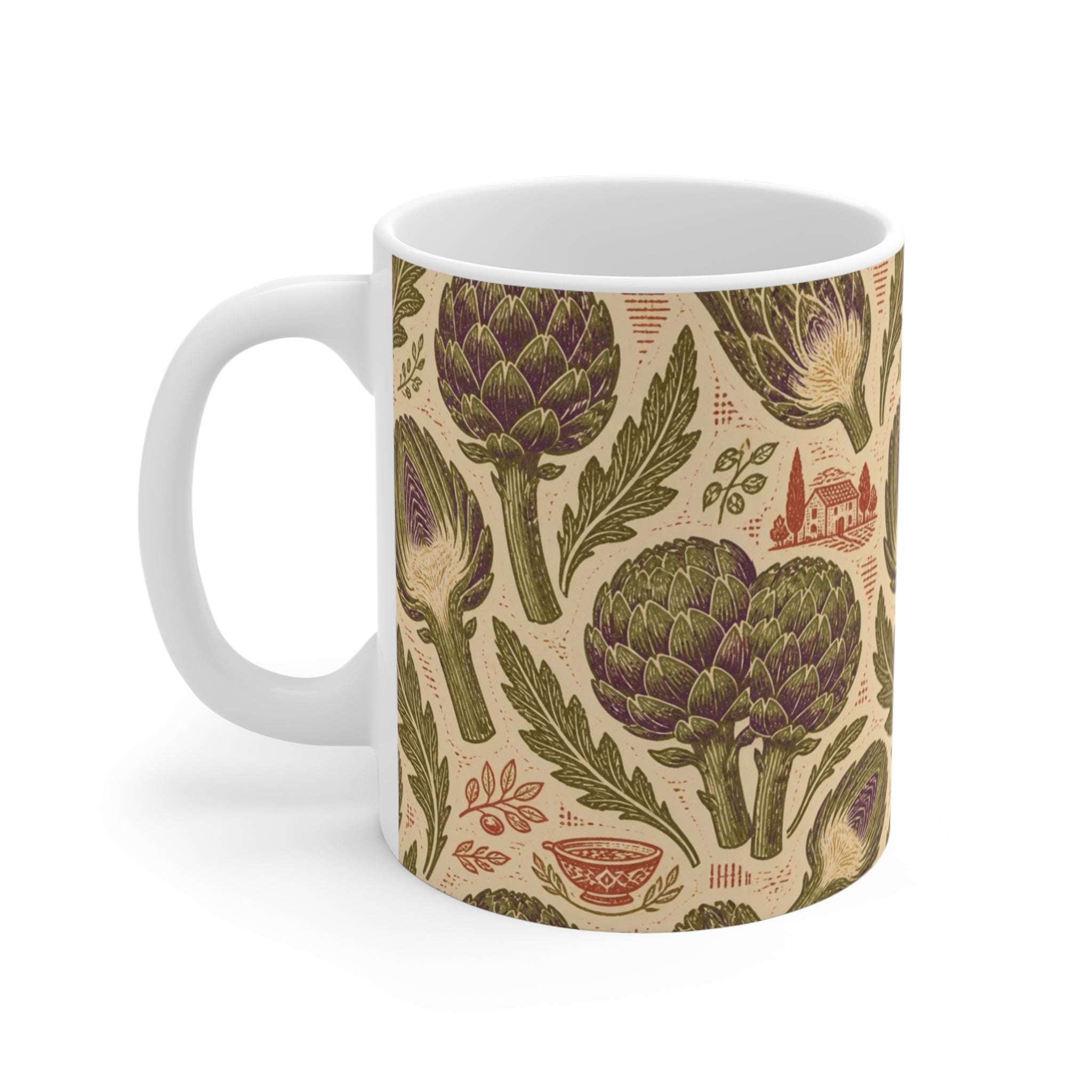 Globe Artichokes 11oz Ceramic Mug Mediterranean Kitchen Linocut Design Italian Cottagecore Gift