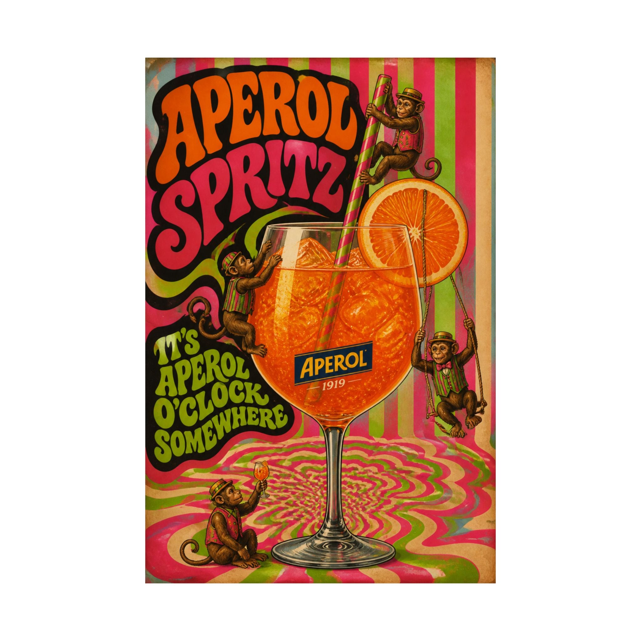 Aperol Spritz Monkeys Wall Art Poster 18×24 Psychedelic Cafe Decor Maximalist Print