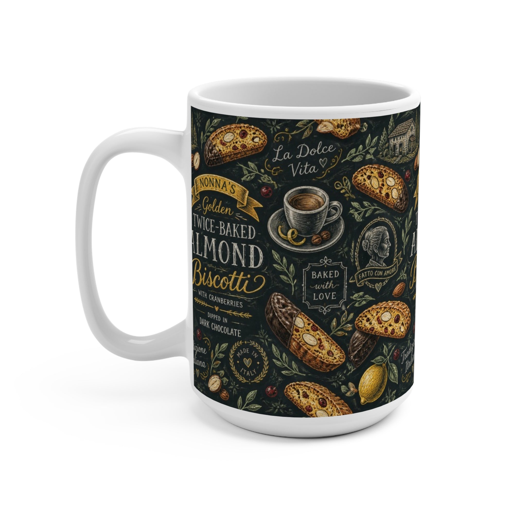Almond Biscotti 15oz Ceramic Mug Mediterranean Kitchen Chalk Art Design Italian Cottagecore Gift