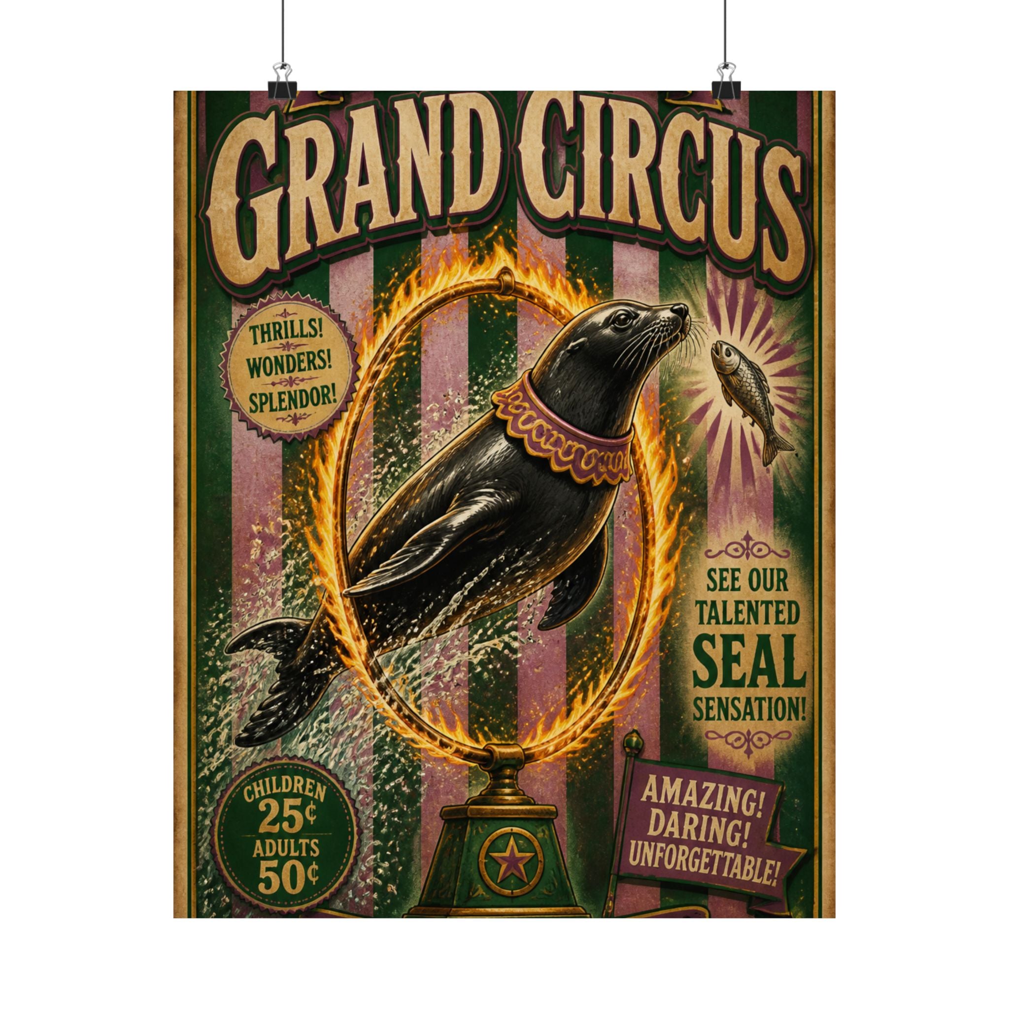 Seal Fire Hoop Wall Art Poster 24×36 Vintage Circus Bedroom Decor Maximalist Print