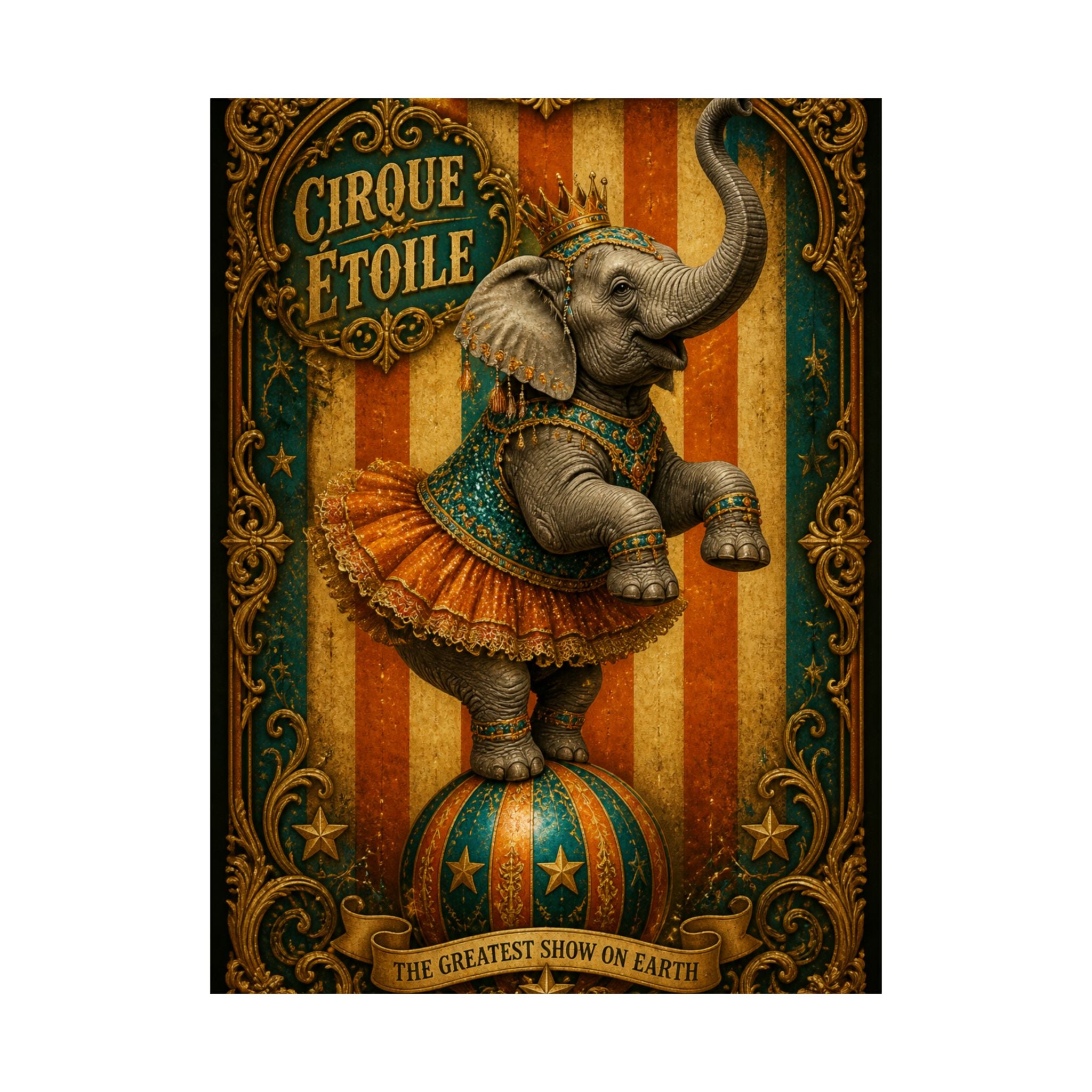 Elephant on Ball Wall Art Poster 24×36 Baroque Studio Decor Maximalist Print