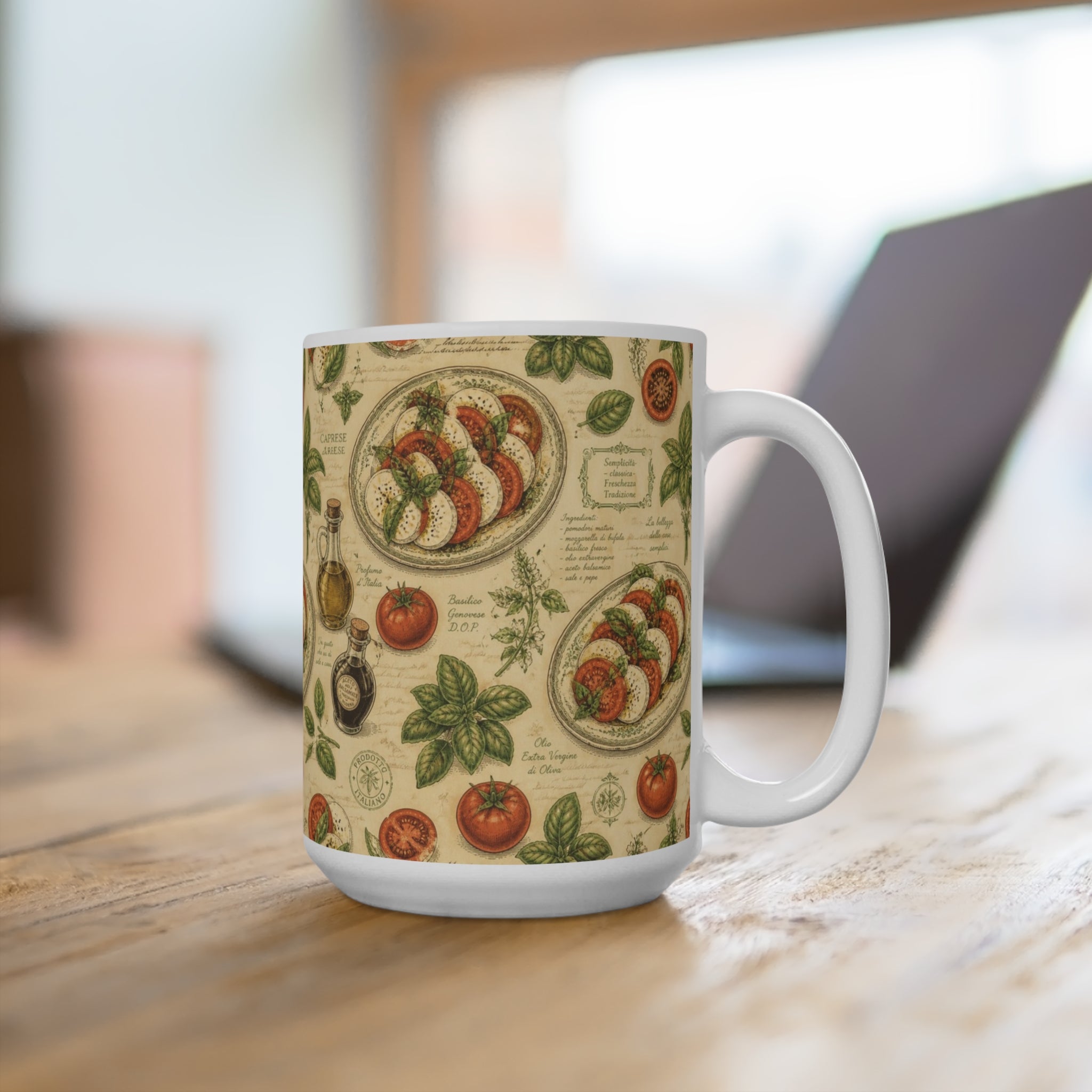 Caprese Arrangement 15oz Ceramic Mug Mediterranean Kitchen Botanical Design Italian Cottagecore Gift