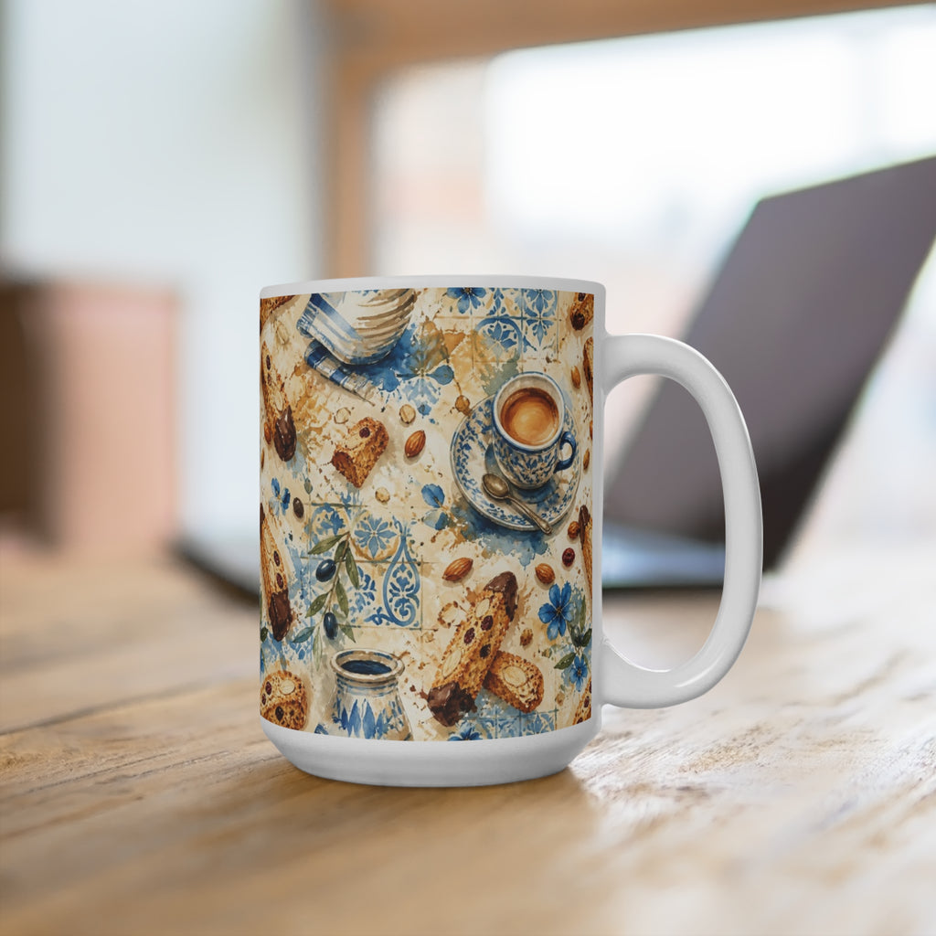 Almond Biscotti 15oz Ceramic Mug Mediterranean Kitchen Watercolor Splash Design Italian Cottagecore Gift
