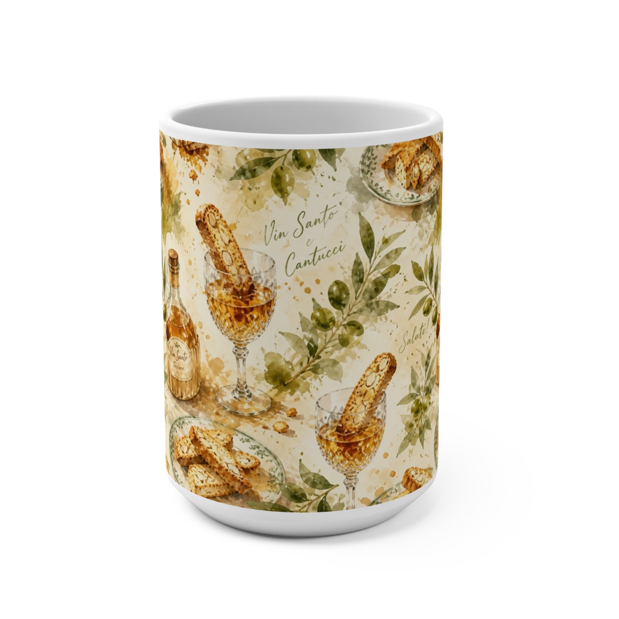 Biscotti & Vin Santo 15oz Ceramic Mug Mediterranean Kitchen Watercolor Splash Design Italian Cottagecore Gift