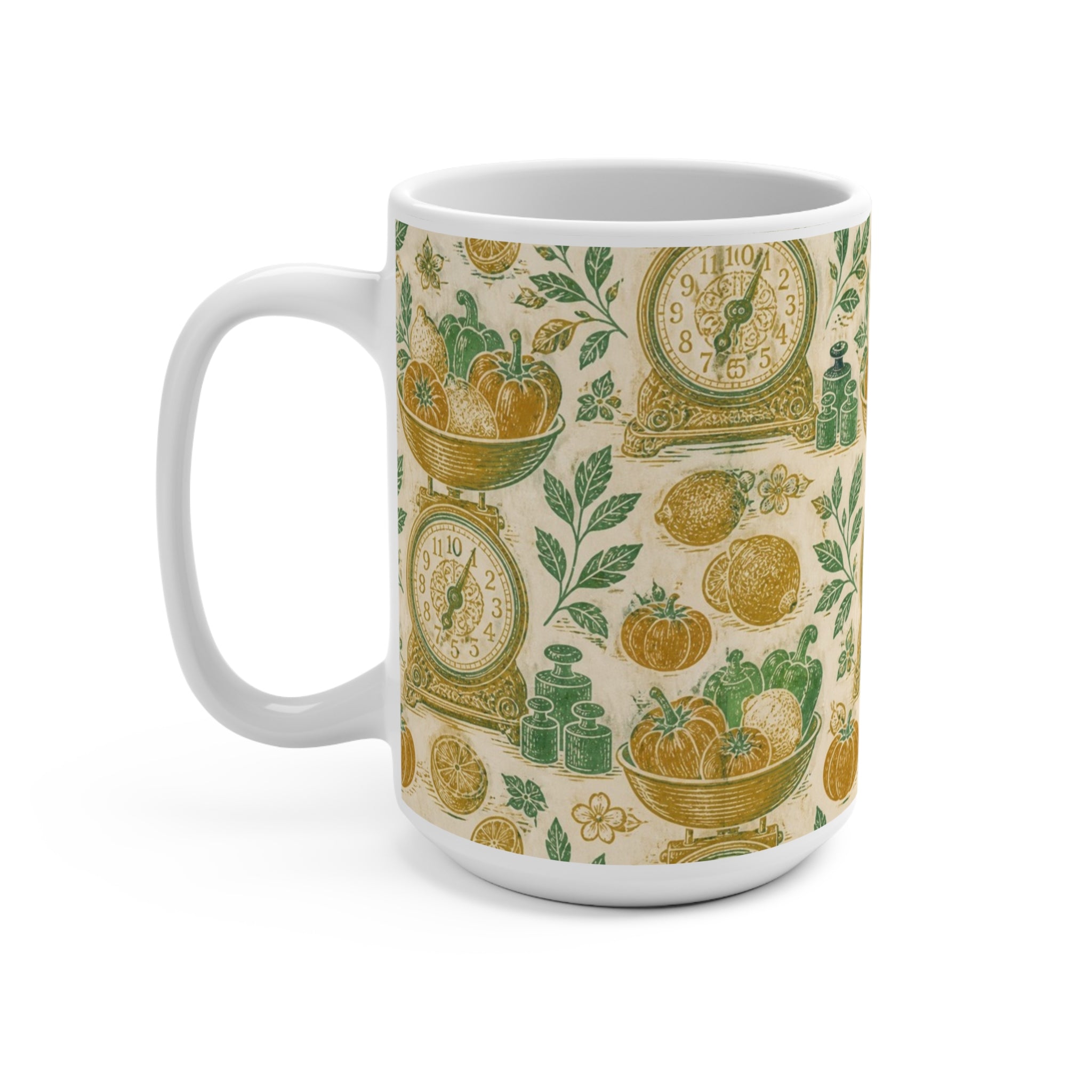 Vintage Kitchen Scale 15oz Ceramic Mug Mediterranean Kitchen Linocut Design Italian Cottagecore Gift