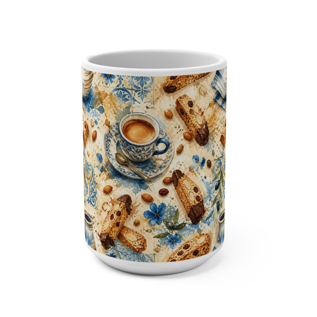 Almond Biscotti 15oz Ceramic Mug Mediterranean Kitchen Watercolor Splash Design Italian Cottagecore Gift