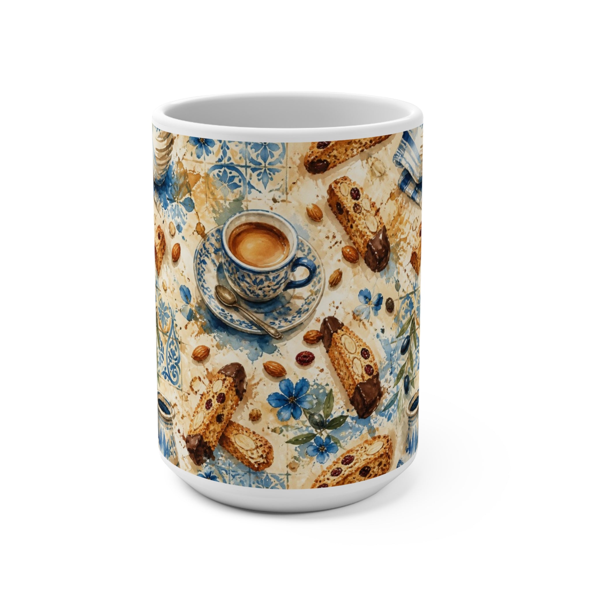 Almond Biscotti 15oz Ceramic Mug Mediterranean Kitchen Watercolor Splash Design Italian Cottagecore Gift