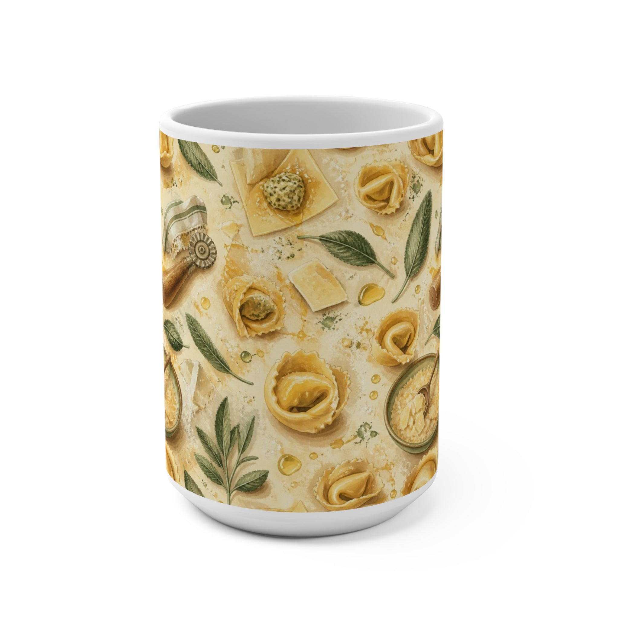 Tortellini with Sage 15oz Ceramic Mug Mediterranean Kitchen Watercolor Splash Design Italian Cottagecore Gift