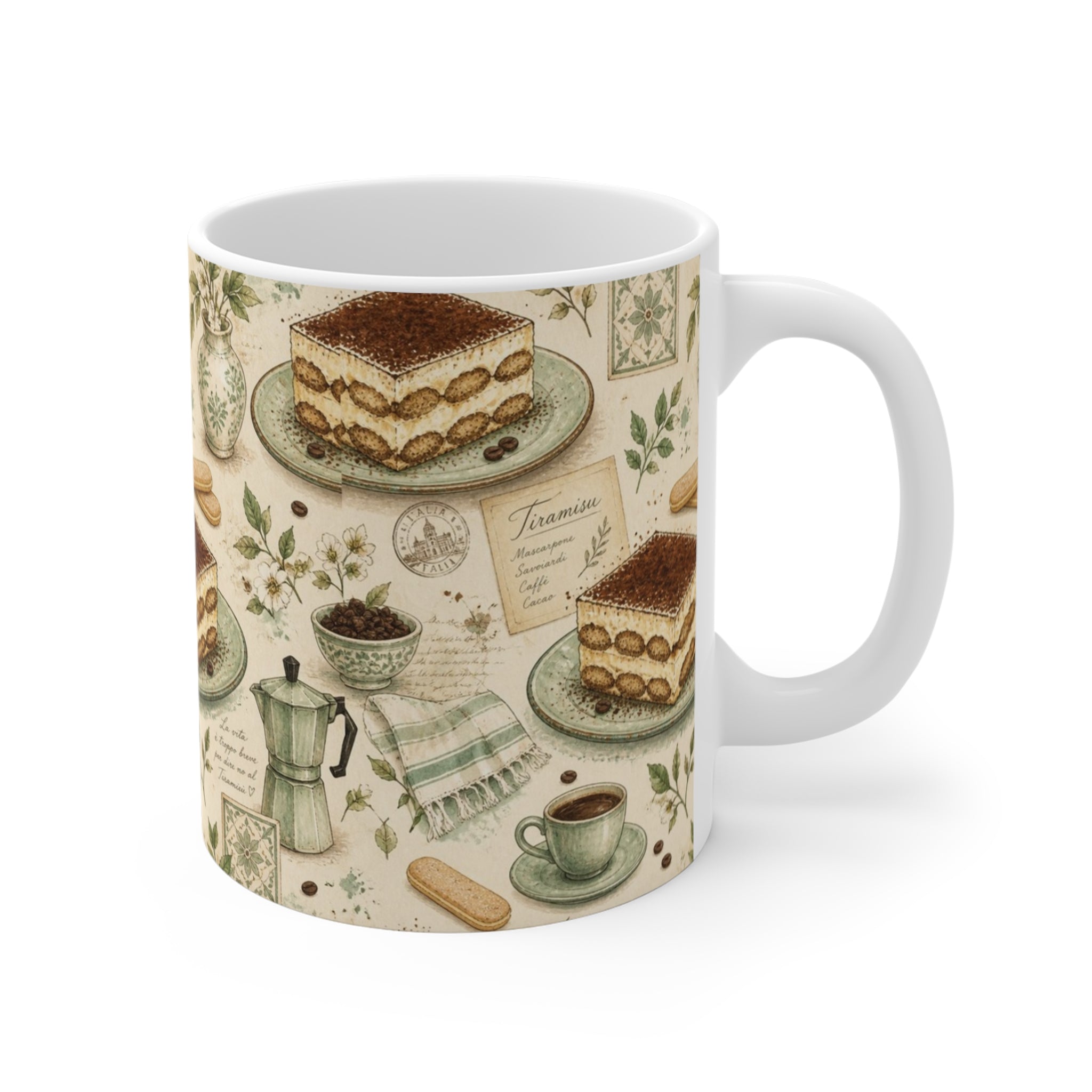 Tiramisu Layers 11oz Ceramic Mug Mediterranean Kitchen Watercolor Design Italian Cottagecore Gift