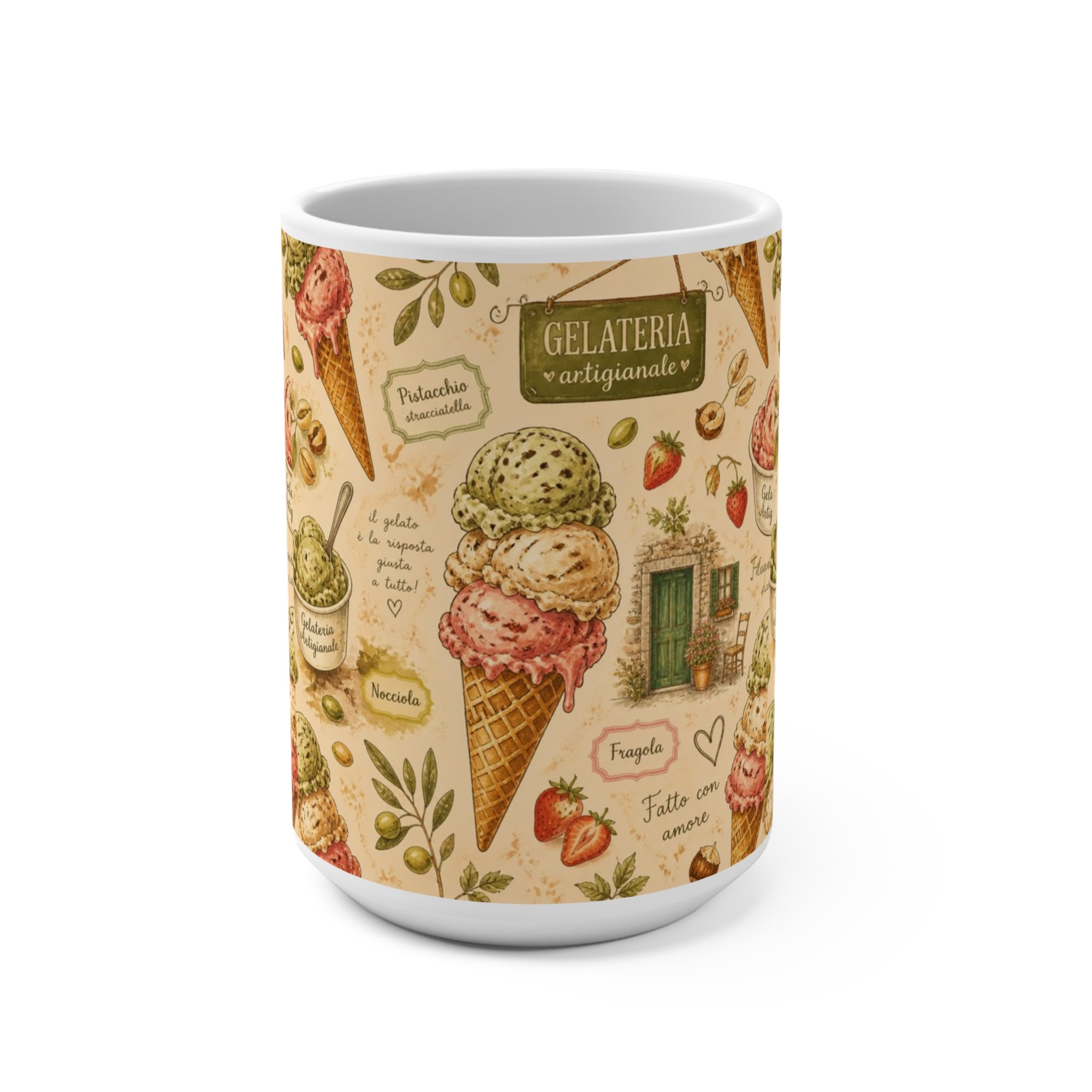Gelato Scoops 15oz Ceramic Mug Mediterranean Kitchen Watercolor Design Italian Cottagecore Gift