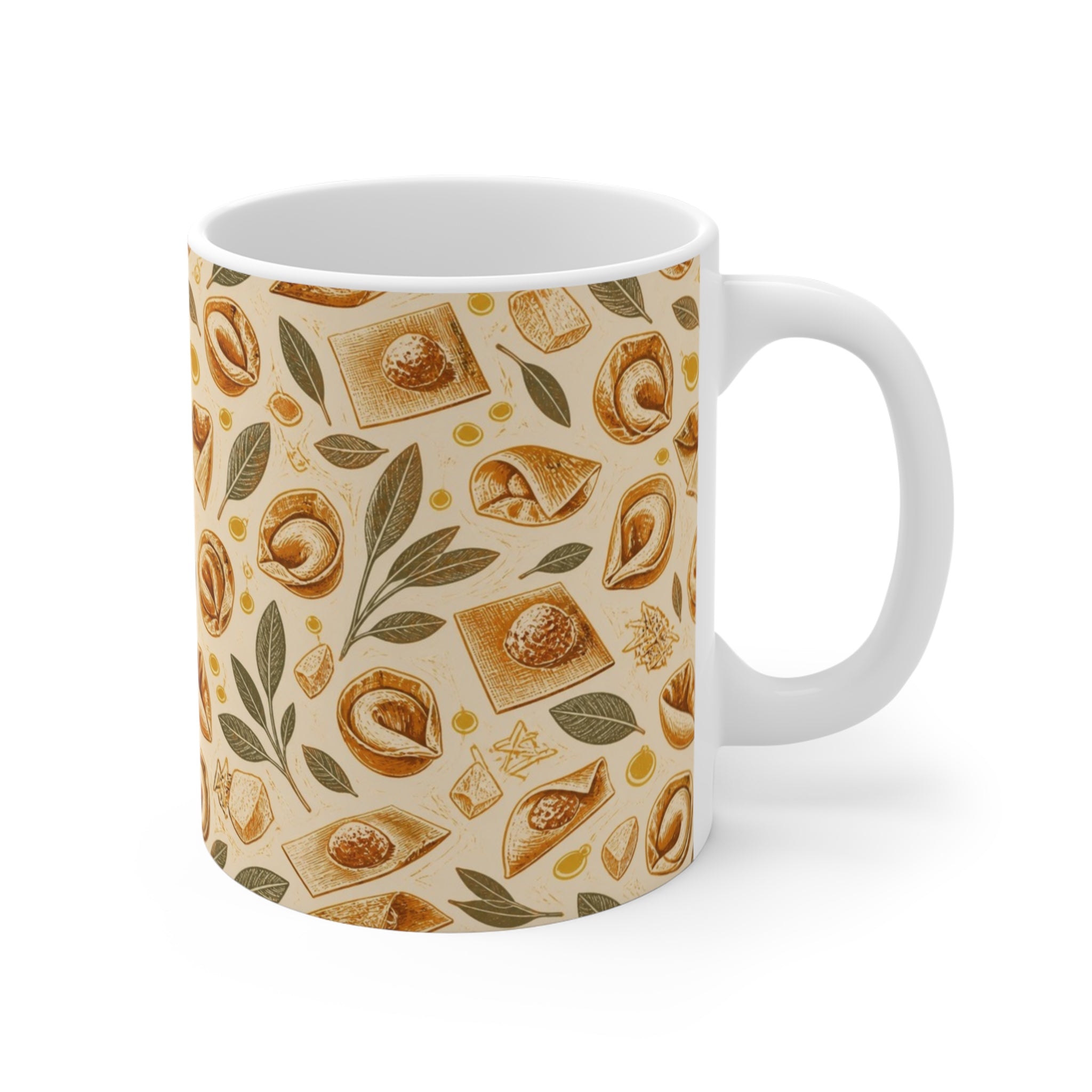 Tortellini with Sage 11oz Ceramic Mug Mediterranean Kitchen Linocut Design Italian Cottagecore Gift