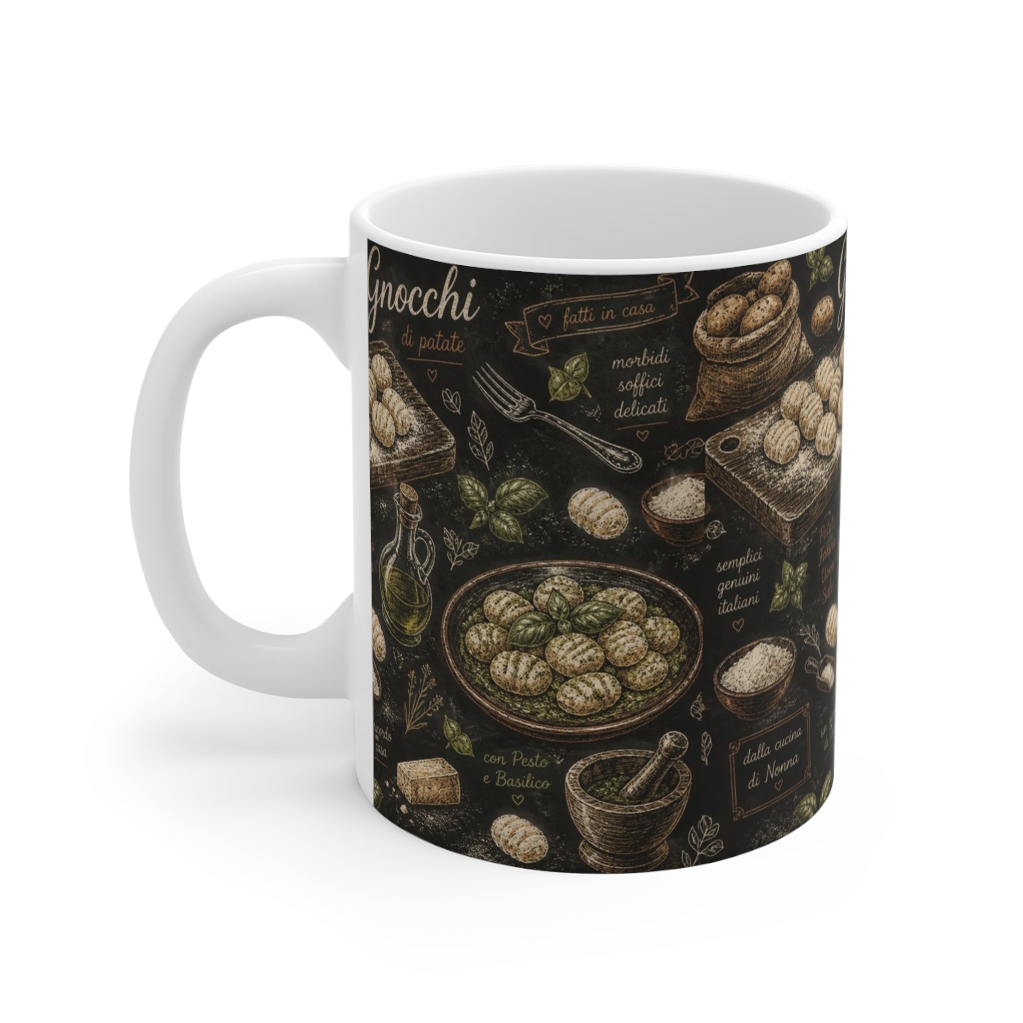 Potato Gnocchi 11oz Ceramic Mug Mediterranean Kitchen Chalk Art Design Italian Cottagecore Gift
