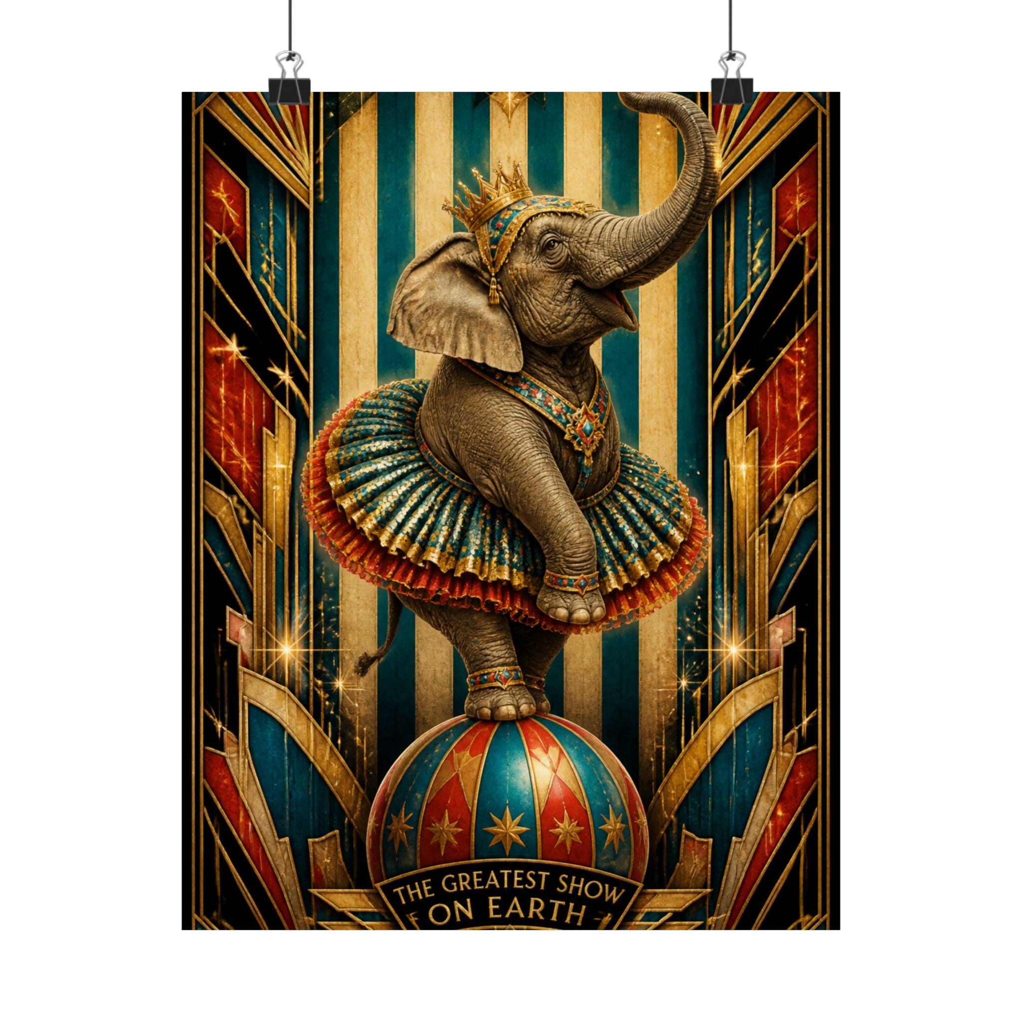 Elephant on Ball Wall Art Poster 18×24 Art Deco Entryway Decor Maximalist Print