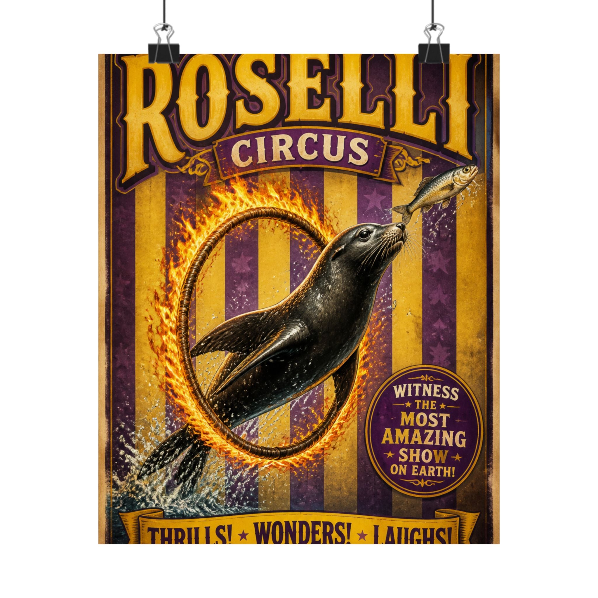 Seal Fire Hoop Wall Art Poster 18×24 Vintage Circus Kitchen Decor Maximalist Print