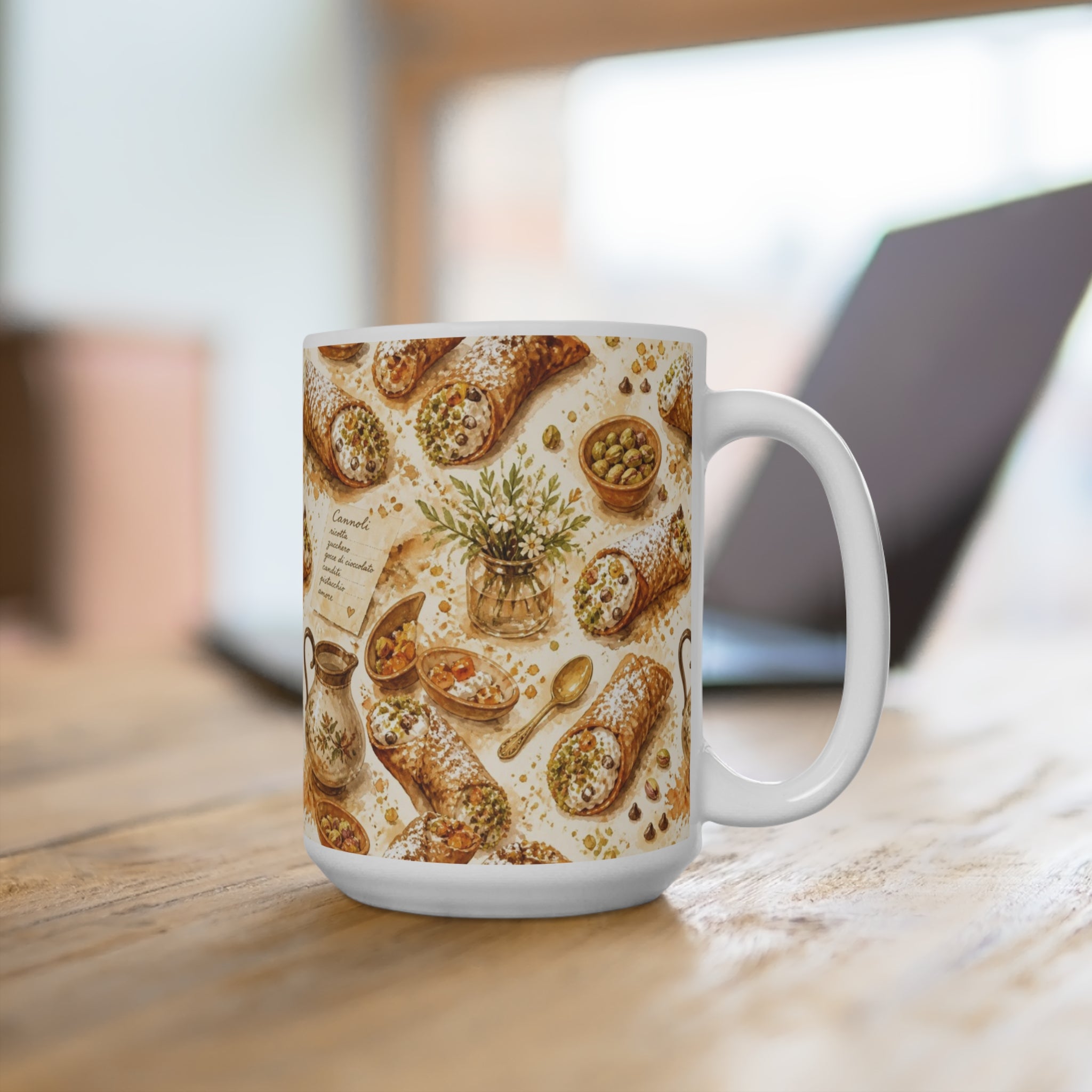 Sicilian Cannoli 15oz Ceramic Mug Mediterranean Kitchen Watercolor Splash Design Italian Cottagecore Gift