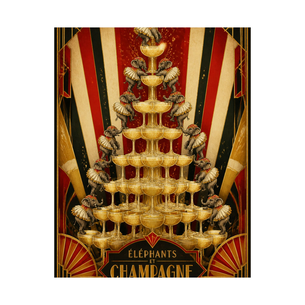 Champagne Tower Elephants Wall Art Poster 24×36 Art Deco Bar Area Decor Maximalist Print