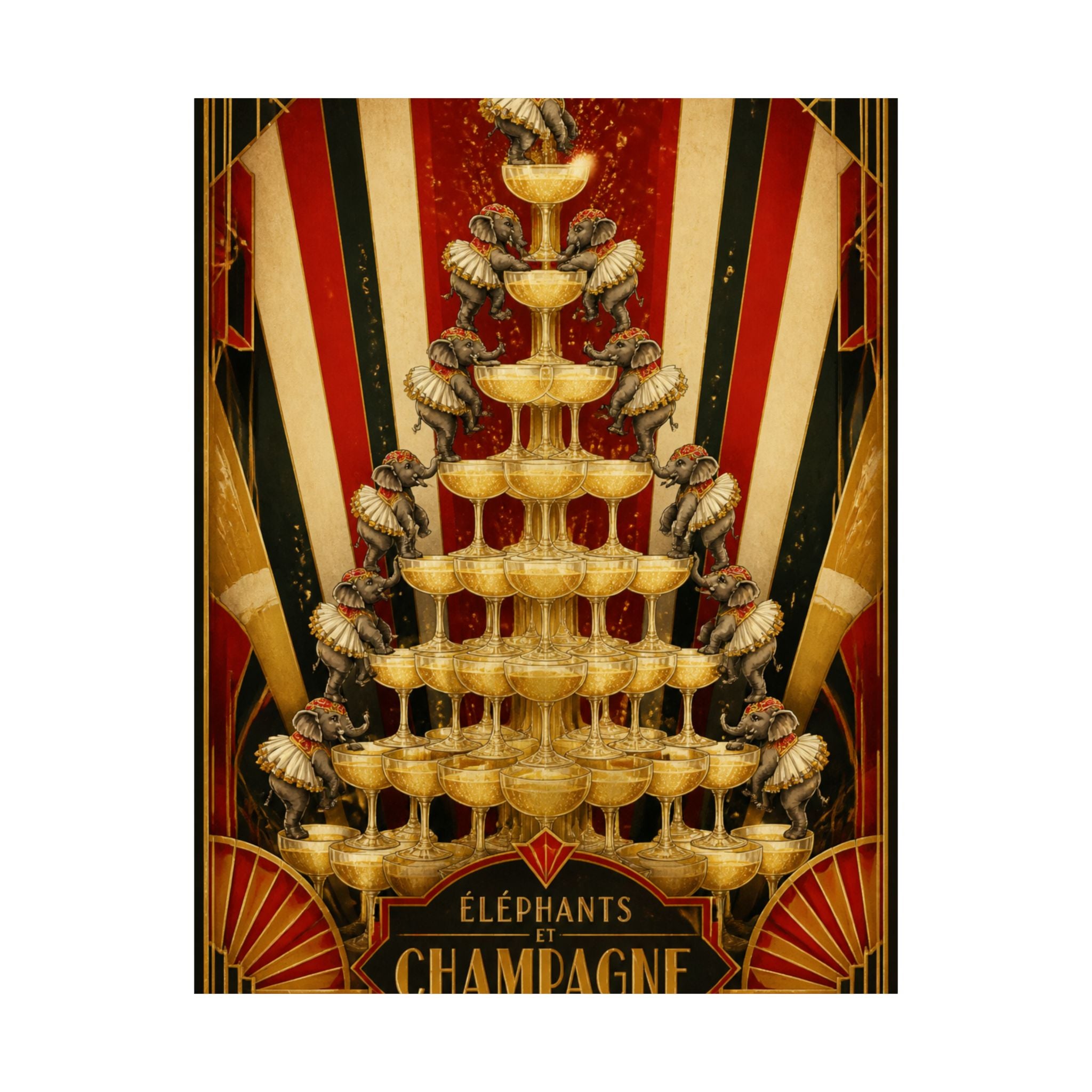 Champagne Tower Elephants Wall Art Poster 24×36 Art Deco Bar Area Decor Maximalist Print